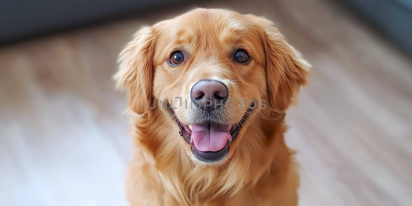 A happy golden retriever with its tongue out. The dog is smiling and looking at the camera