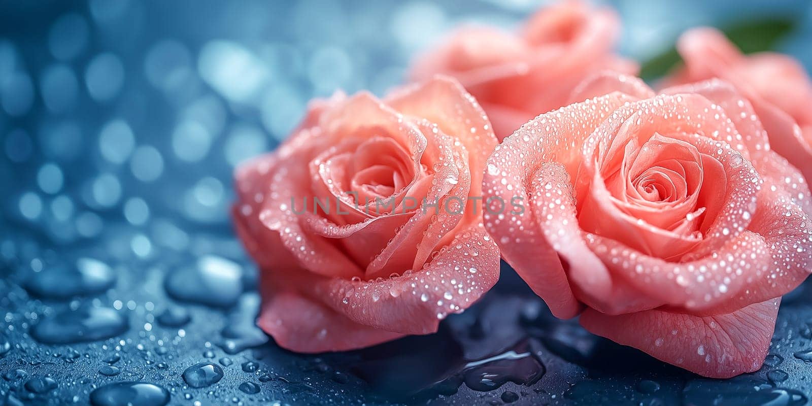 A close up of two pink roses with water droplets on them. Concept of tranquility and beauty, as the roses are the focal point of the scene. The water droplets add a touch of freshness
