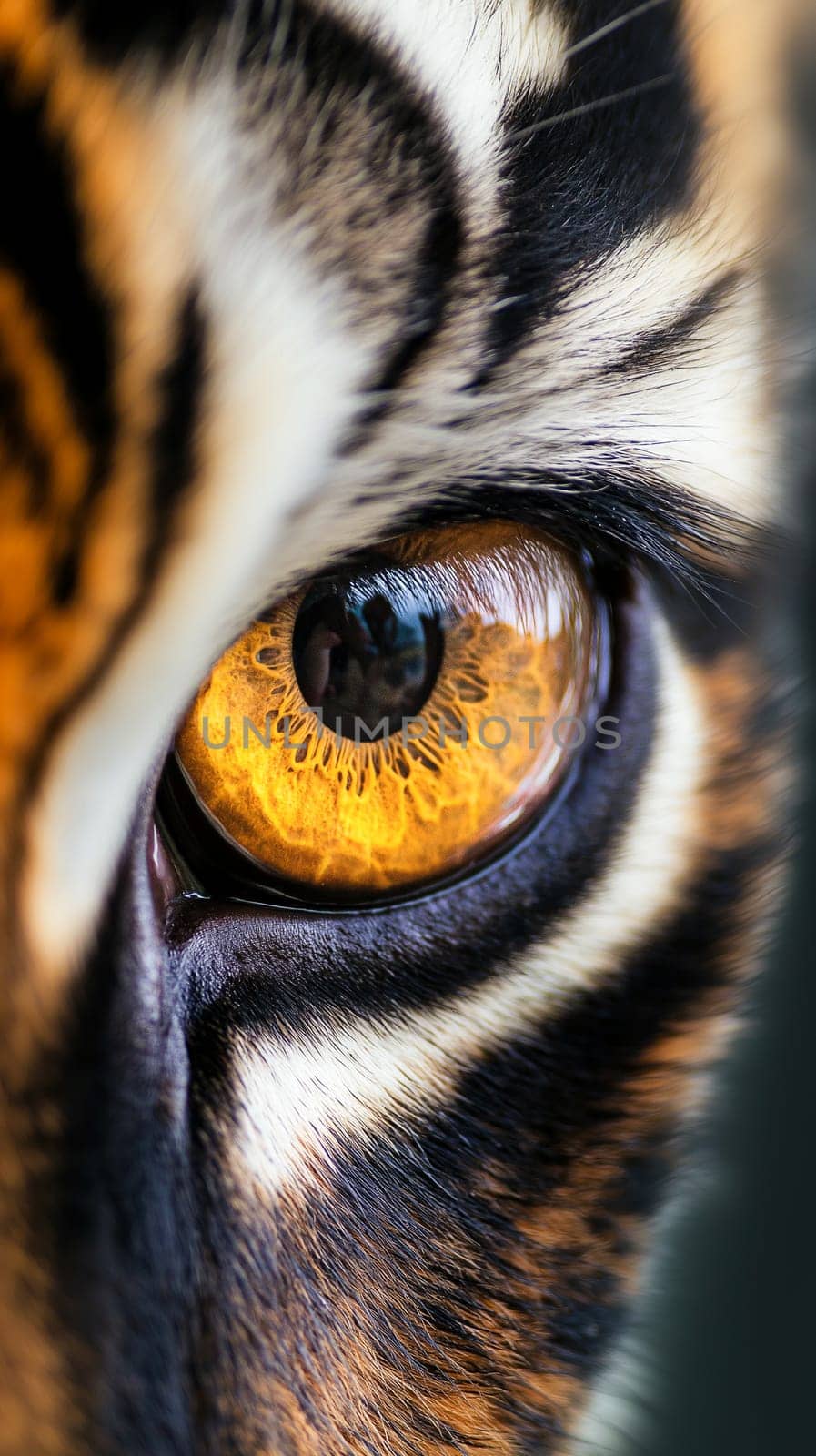 A close up of a tiger's eye with a yellow iris. The eye is surrounded by a black and white striped pattern