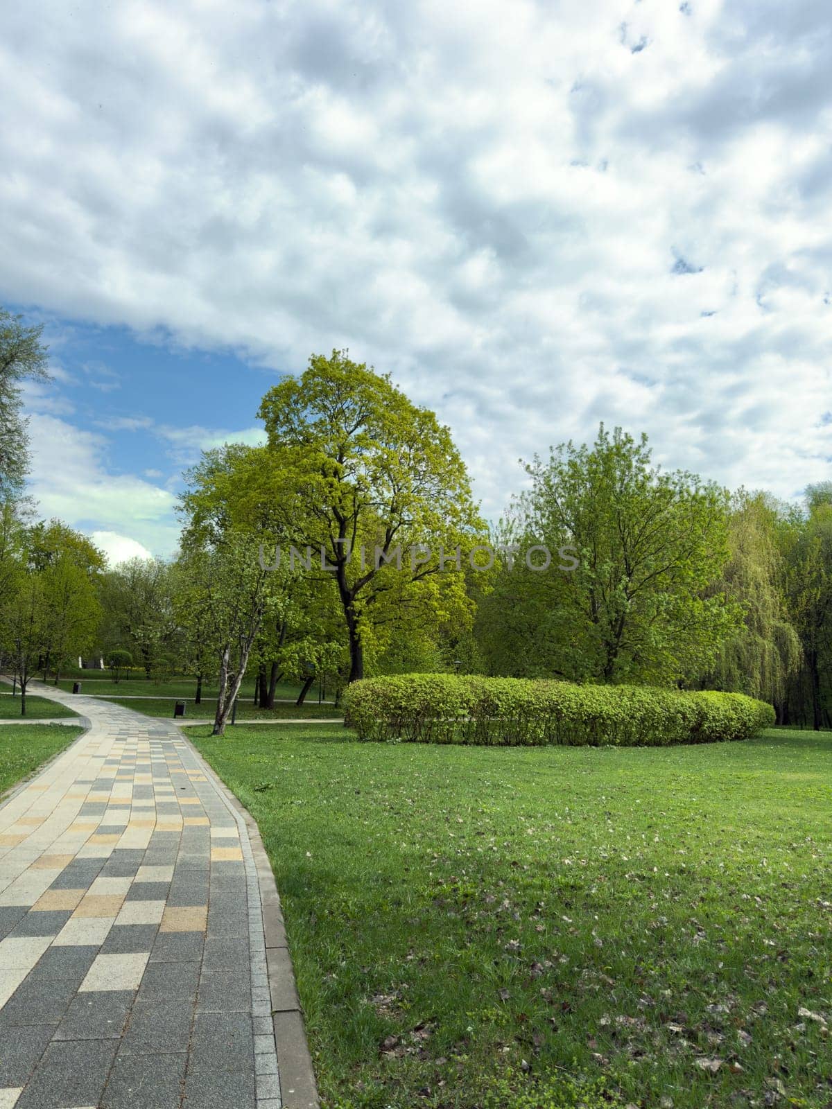 Vertical view of landscaped city park with winding tiled path, trimmed hedges, and lush green trees under dramatic sky. Ideal public space for walking, leisure, and nature appreciation