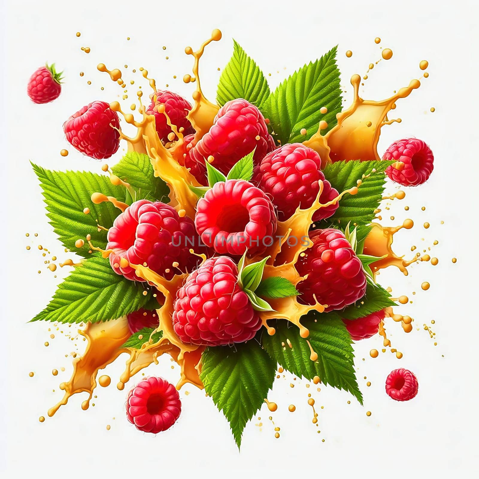 Fresh, juicy raspberries with green leaves, surrounded by splashing drops of water. Perfect for advertising or food marketing, lively, dynamic and appetizing.