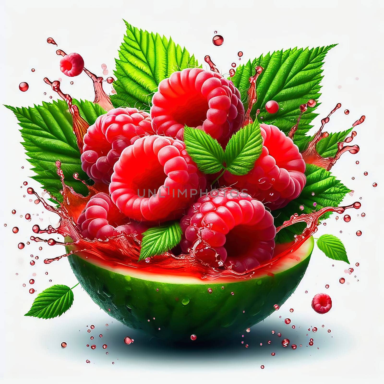 Fresh, juicy raspberries with green leaves, surrounded by splashing drops of water. Perfect for advertising or food marketing, lively, dynamic and appetizing.