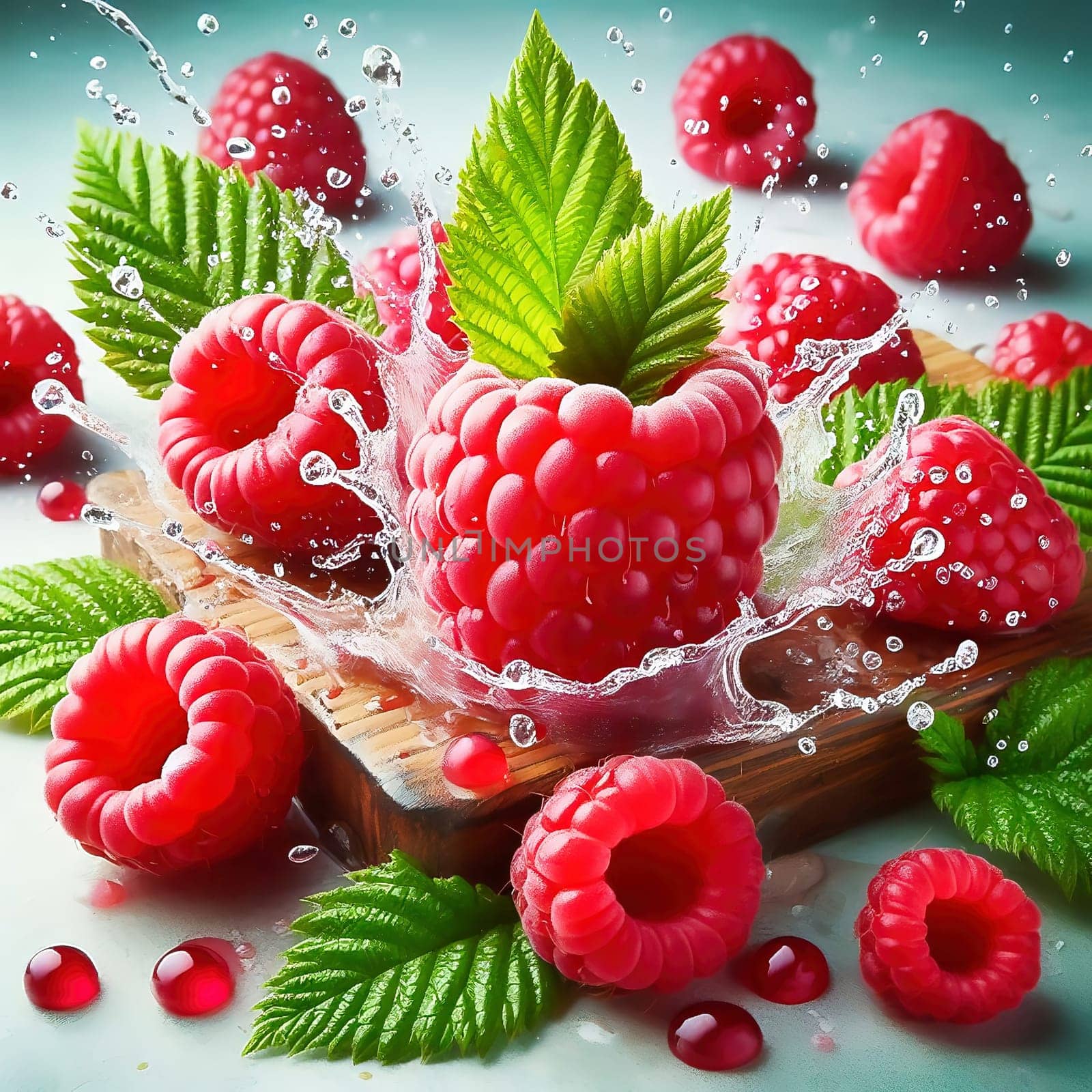 Fresh, juicy raspberries with green leaves, surrounded by splashing drops of water. Perfect for advertising or food marketing, lively, dynamic and appetizing.