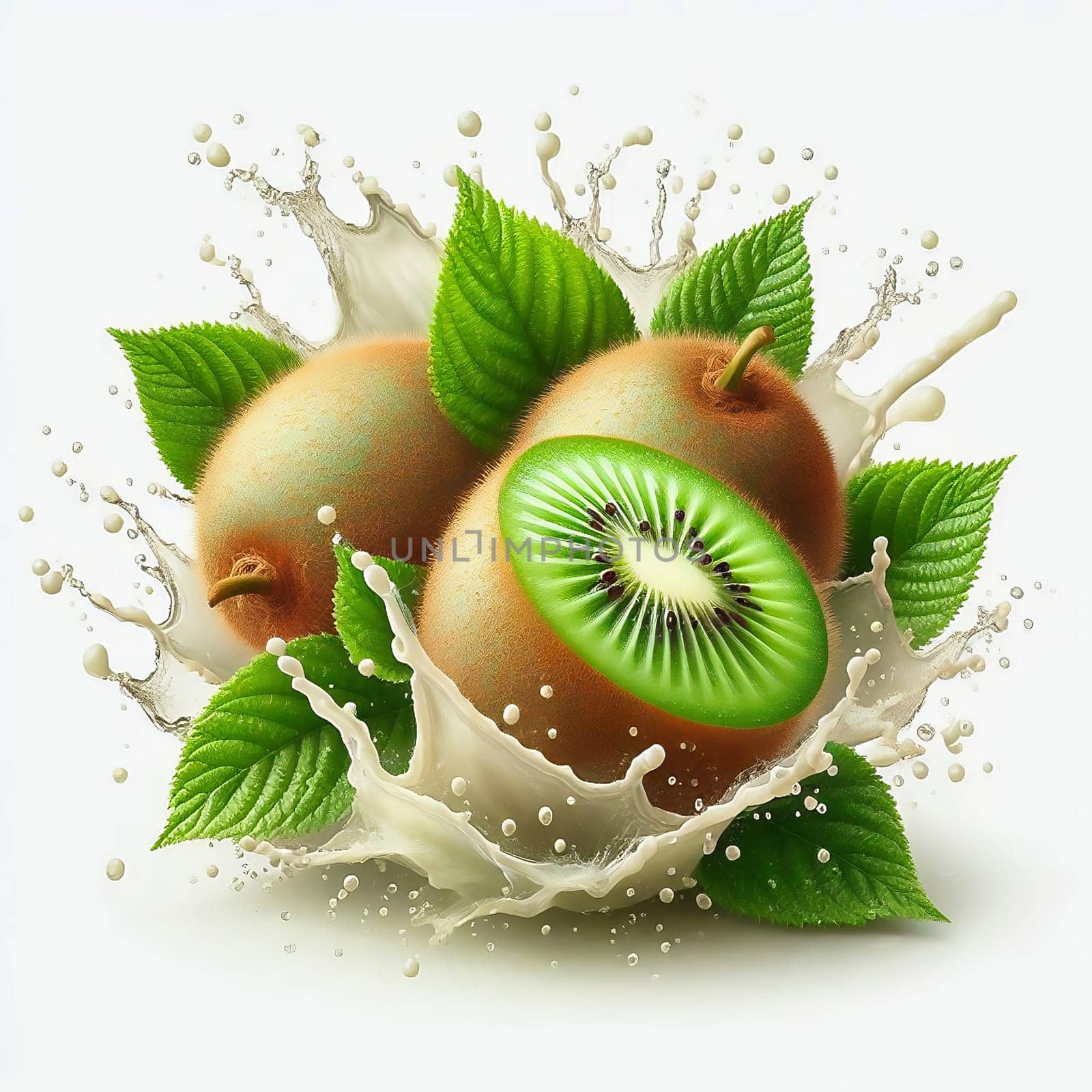 A juicy, green kiwi surrounded by splashing water and leaves. Dynamism and freshness make this image ideal for nature, food or wellness advertising.