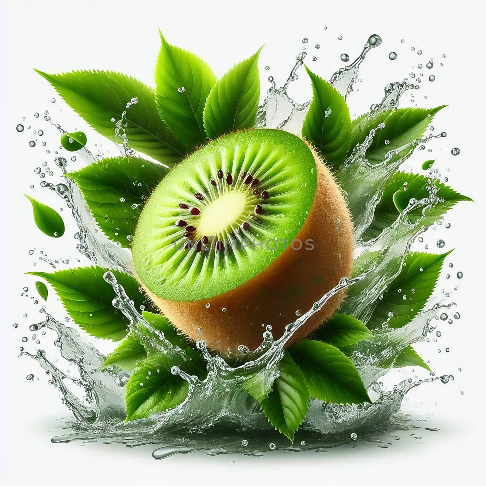 A juicy, green kiwi surrounded by splashing water and leaves. Dynamism and freshness make this image ideal for nature, food or wellness advertising.