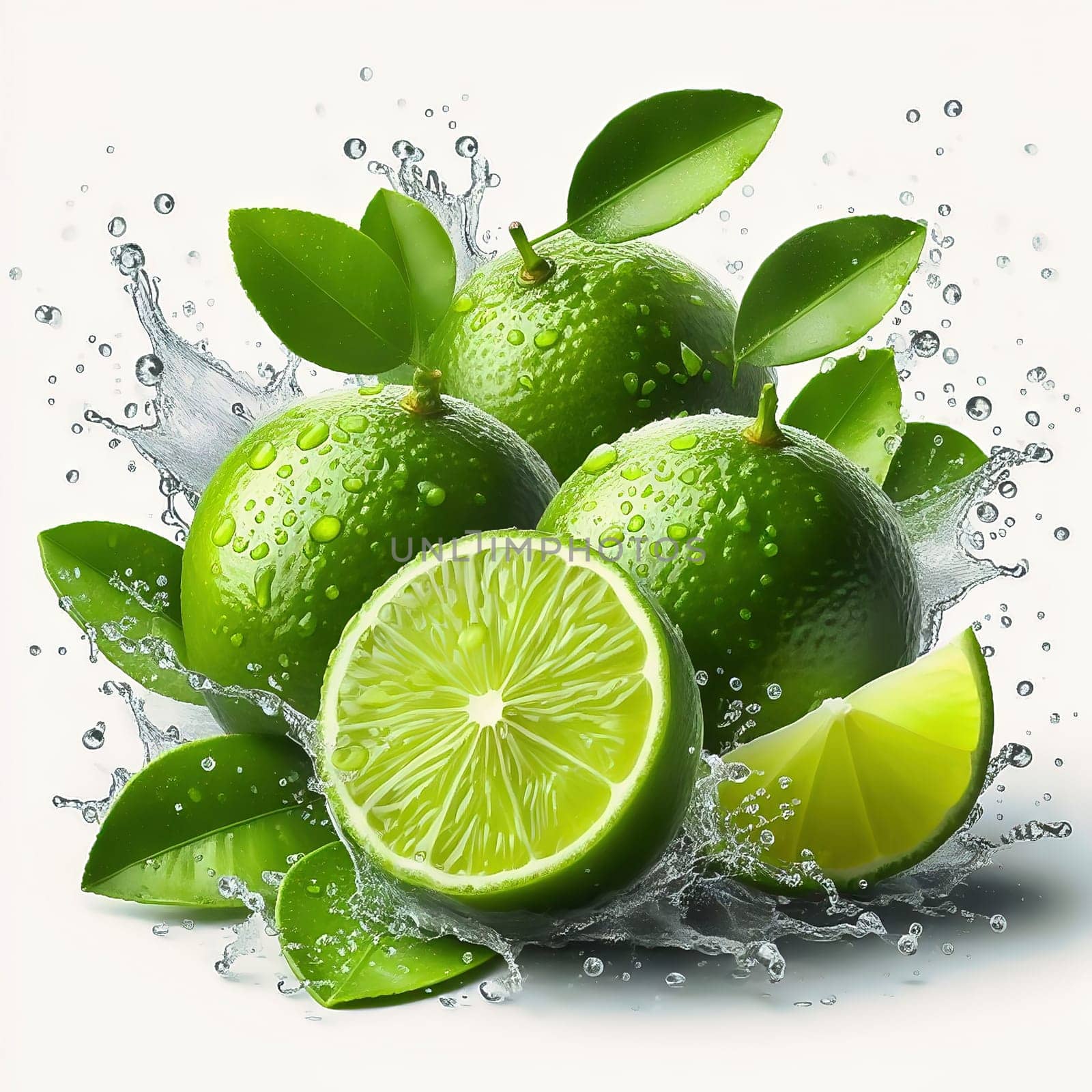 Tangy and fresh! Bright green limes, surrounded by dripping water, with vibrant leaves. Ideal for advertising all about freshness, enjoyment and exoticism.