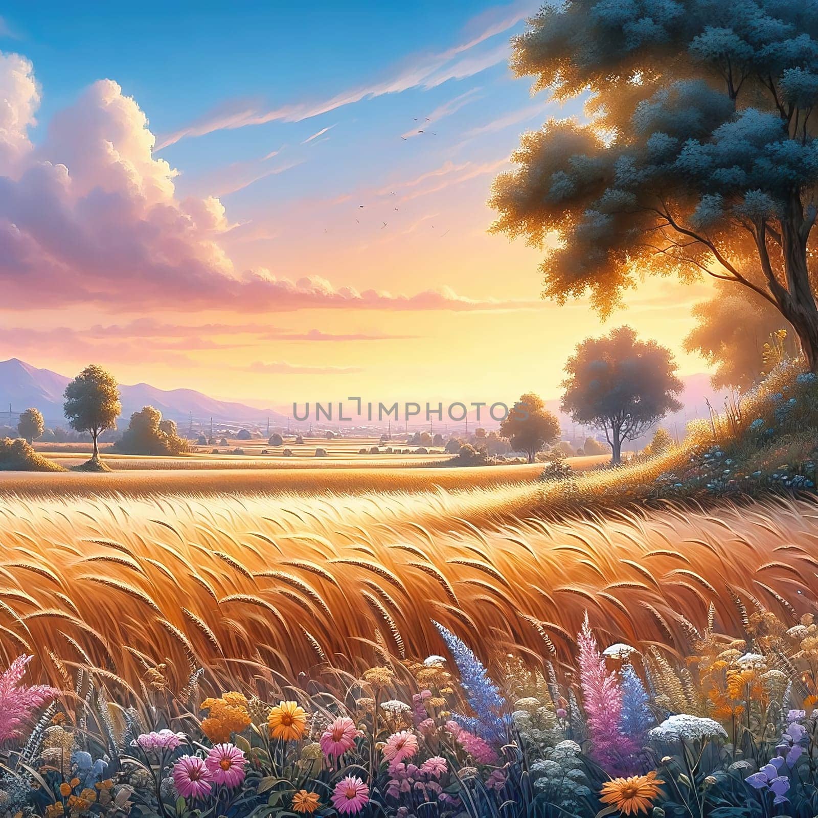 An idyllic landscape with colorful flowers, rolling hills, trees and a warm sunset. Perfect for nature, travel and wellness advertising.