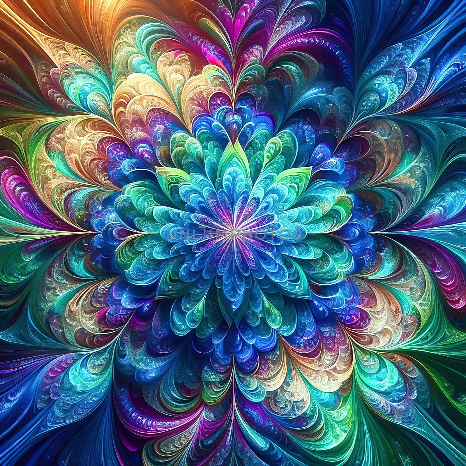 Abstract, colorful fractal art with flowing, wave-like patterns. Bright glass textures in blue, green and orange for modern designs and backgrounds.