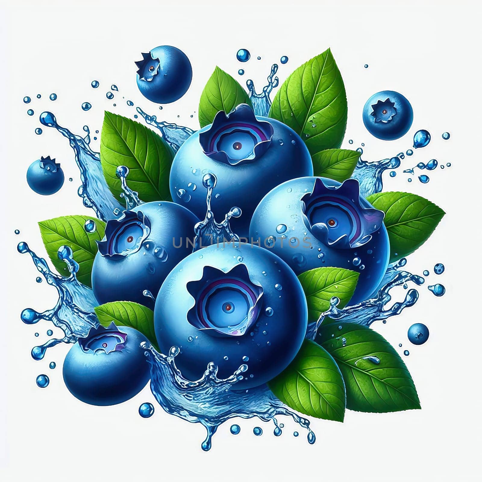 Fresh, blueberries with green leaves and drops of water in dynamic movement, emphasizing the freshness, liveliness and attractiveness of the fruit.