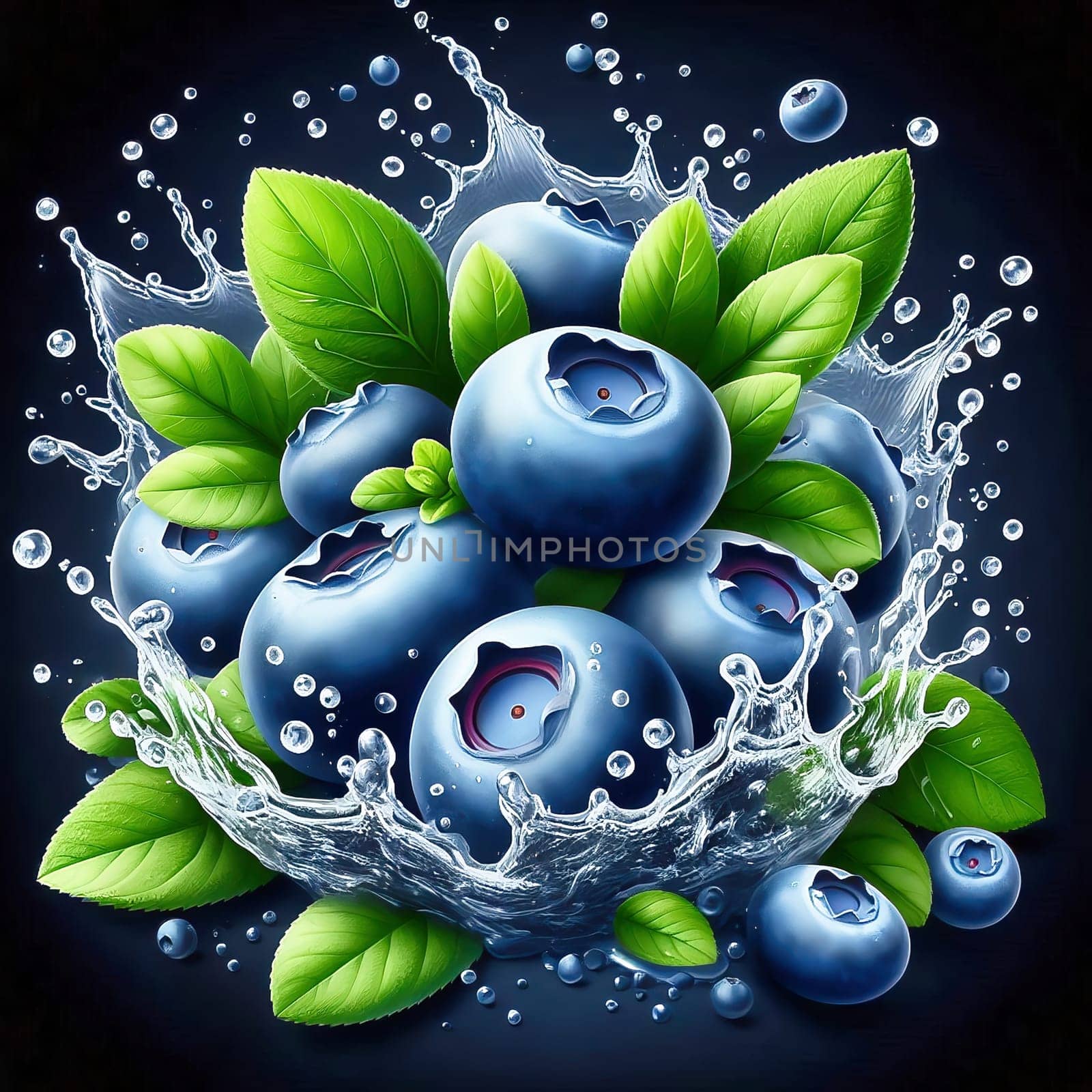 Fresh, blueberries with green leaves and drops of water in dynamic movement, emphasizing the freshness, liveliness and attractiveness of the fruit.