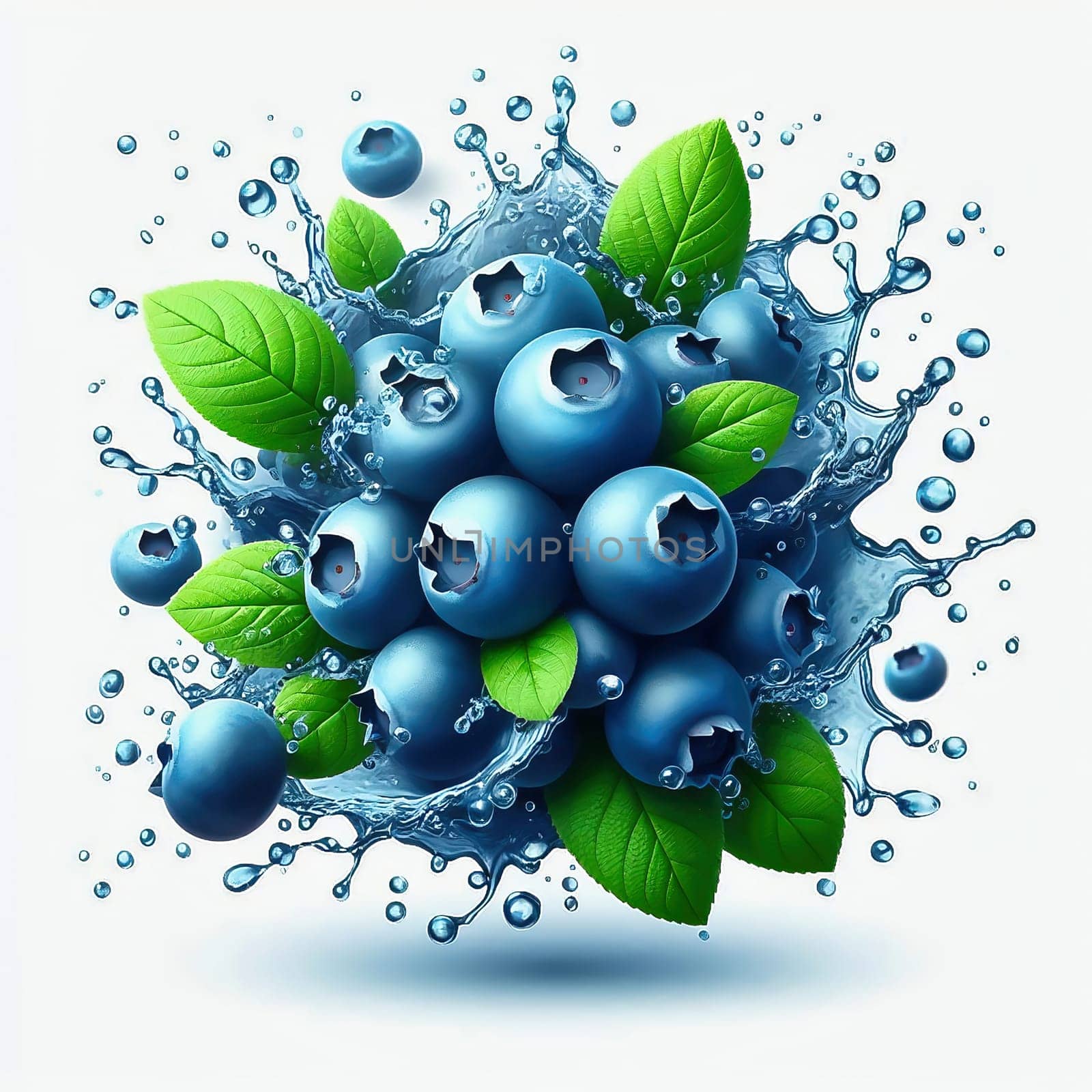 Fresh, blueberries with green leaves and drops of water in dynamic movement, emphasizing the freshness, liveliness and attractiveness of the fruit.