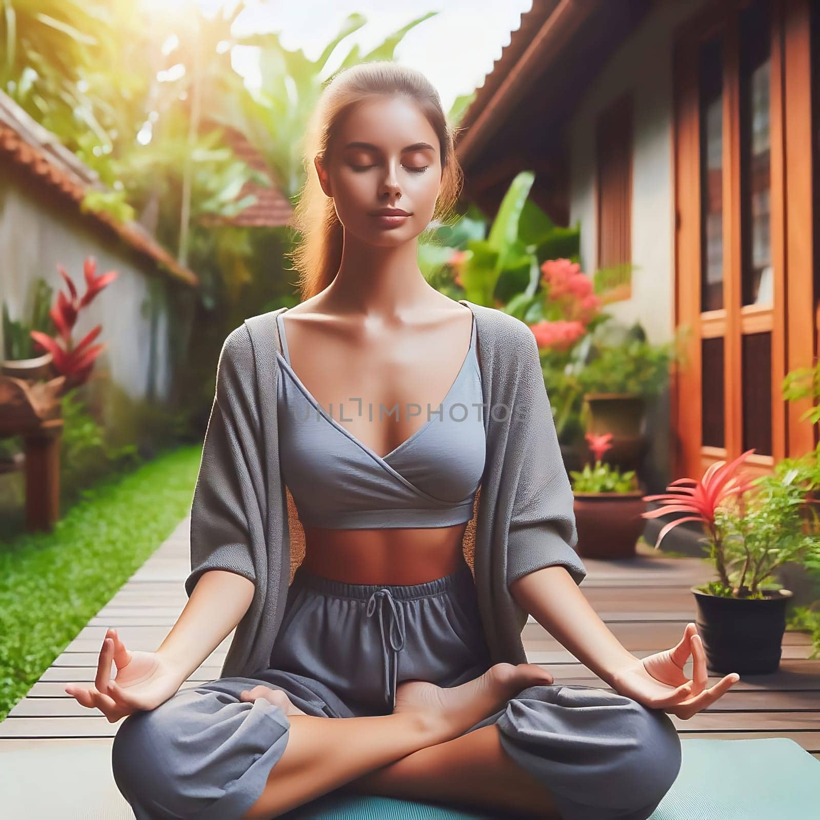 A moment of peace: a young woman meditates cross-legged in the greenery, surrounded by plants and flower pots. Ideal for advertising wellness, nature and mindfulness.