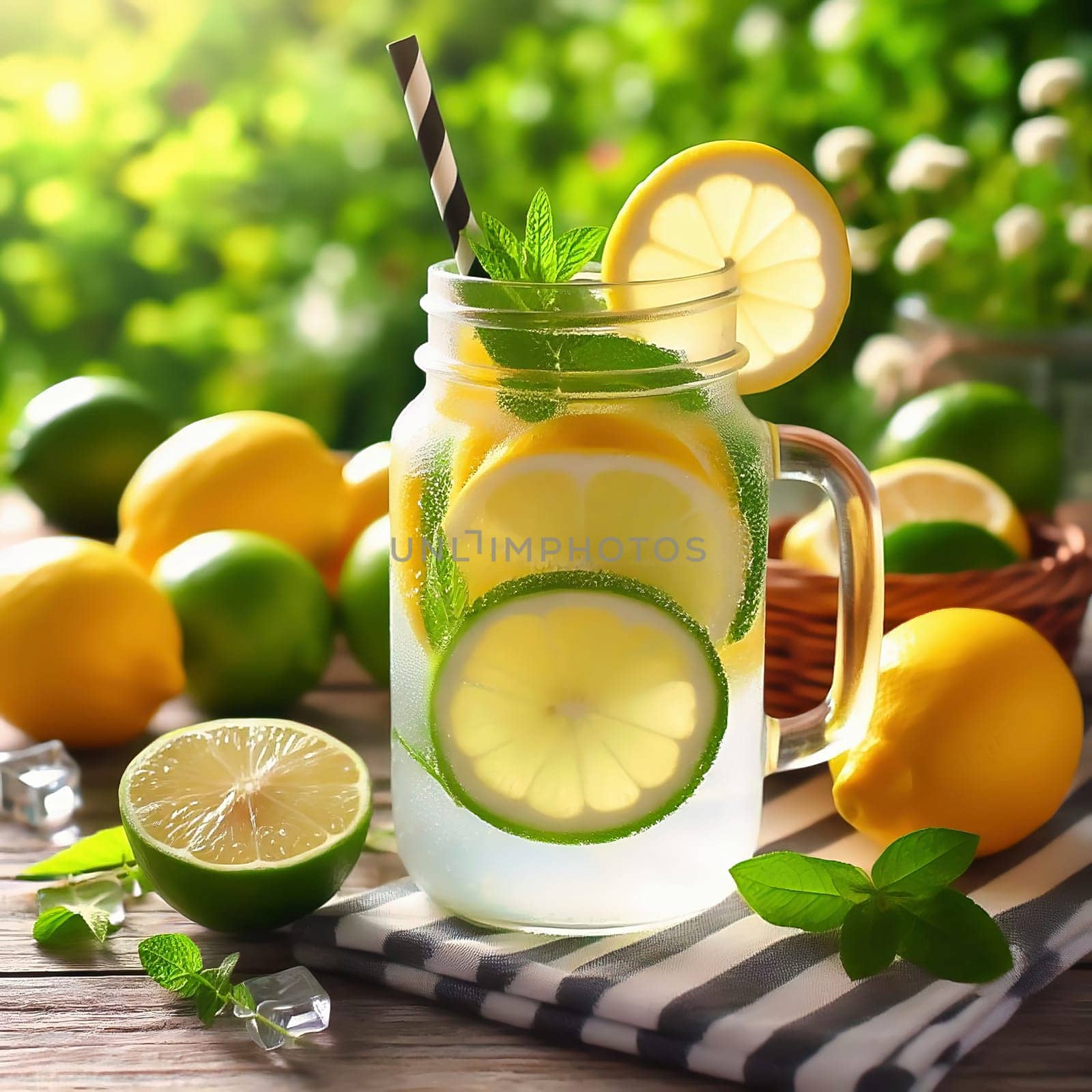 A refreshing glass with lemon and lime slices, mint leaves and a straw, framed by fresh fruit in a sunny garden.