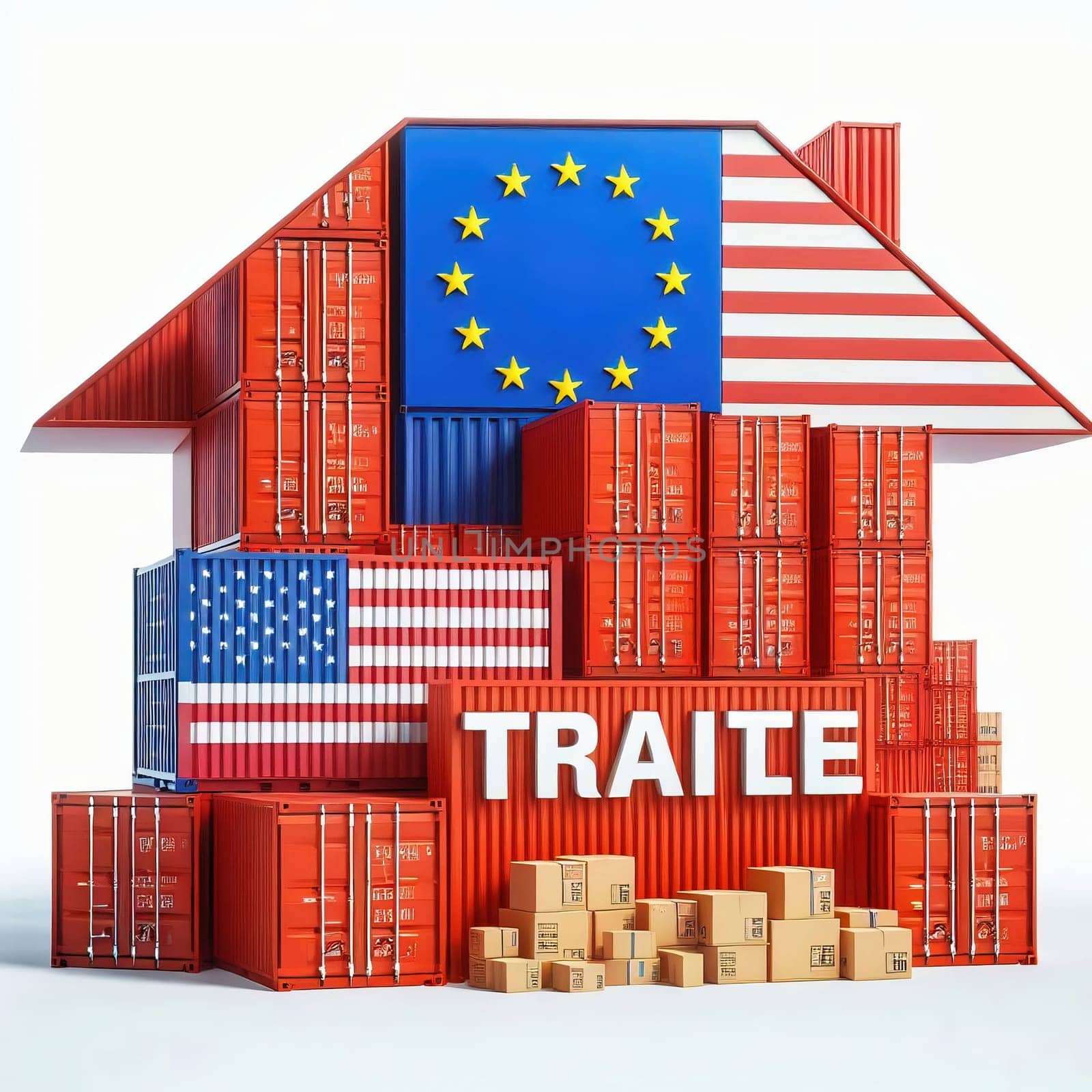 Container with flags of the USA and the EU. “TRADE” symbolizes international trade, growth and customs duties. Perfect for business images!
