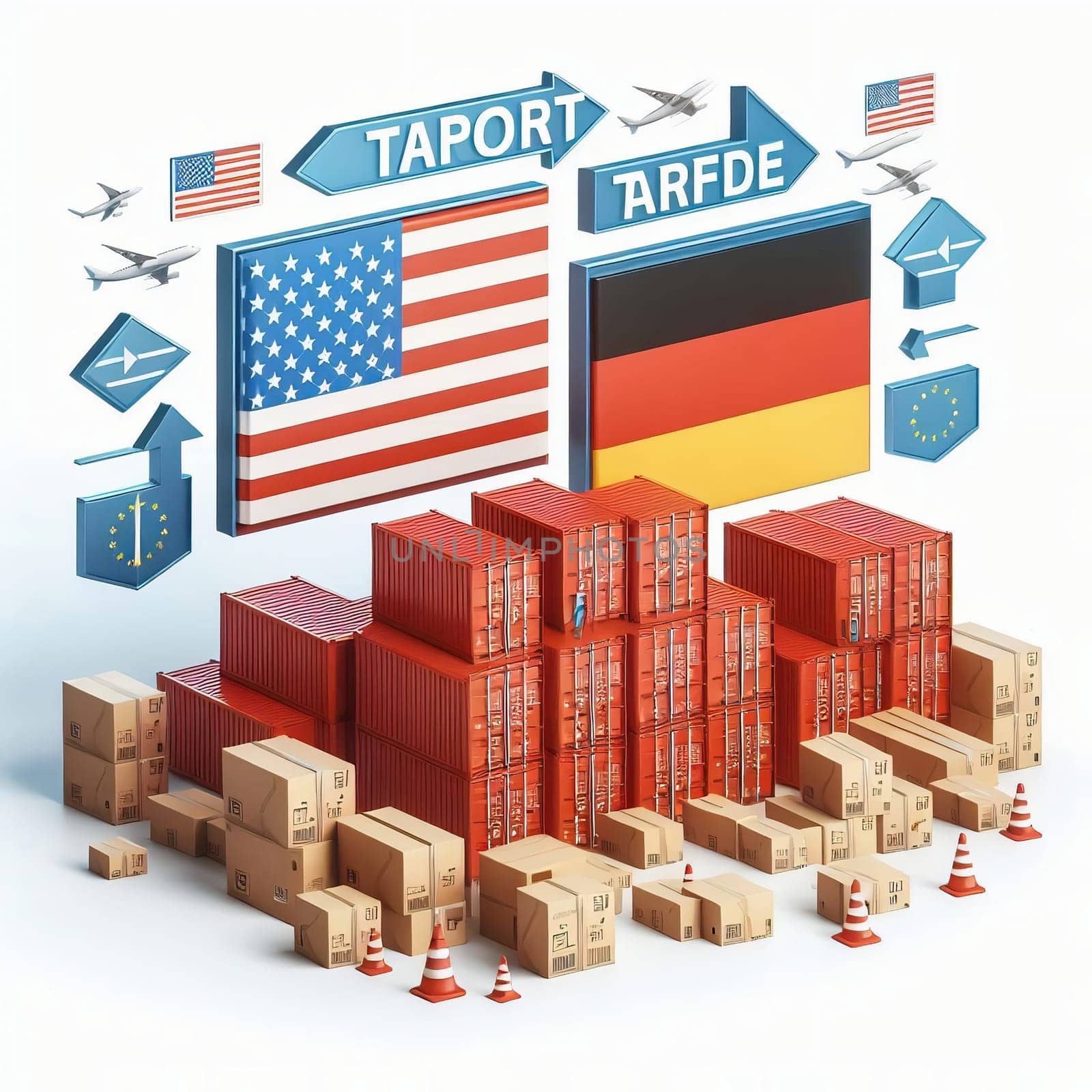 Container with flags of the USA and Germany. “TRADE” symbolizes international trade, growth and customs duties. Perfect for business pictures!
