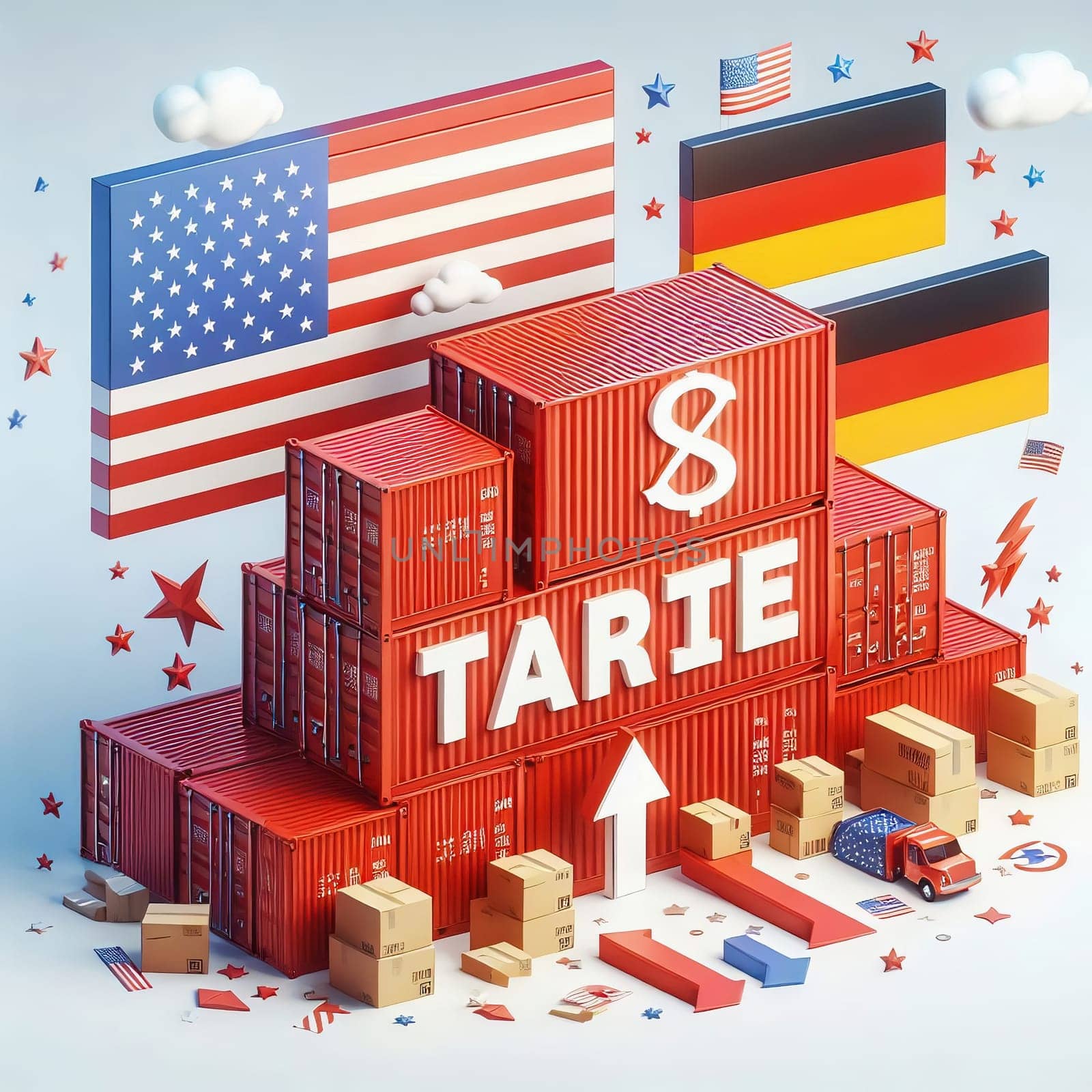 Container with flags of the USA and Germany. “TRADE” symbolizes international trade, growth and customs duties. Perfect for business pictures!