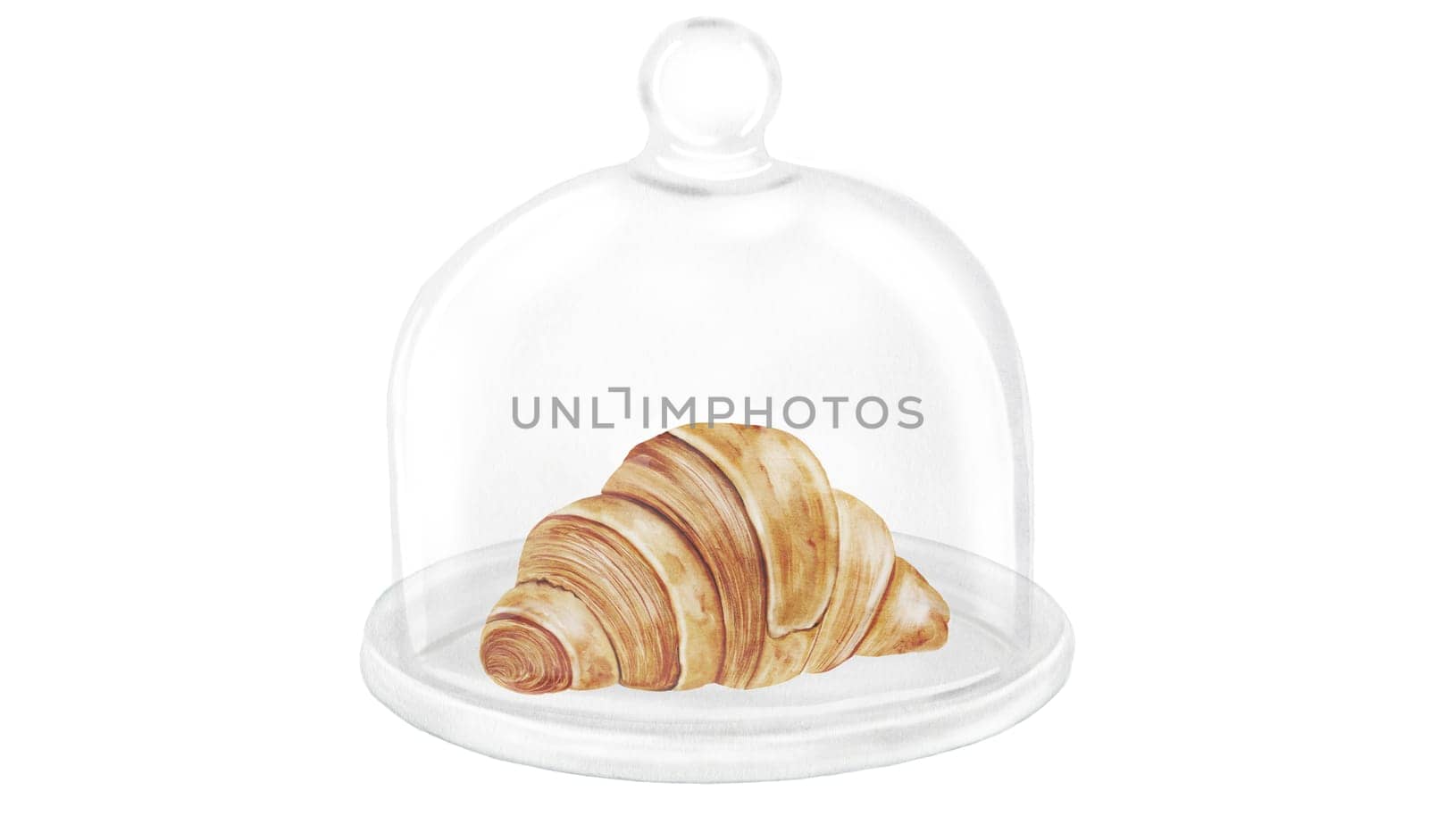 Croissant and cloche watercolor illustration. Hand drawn fresh french bun in a glass dome. Food clip art. Ideal for bakery prints, postcards and pastry shop posters. High quality illustration