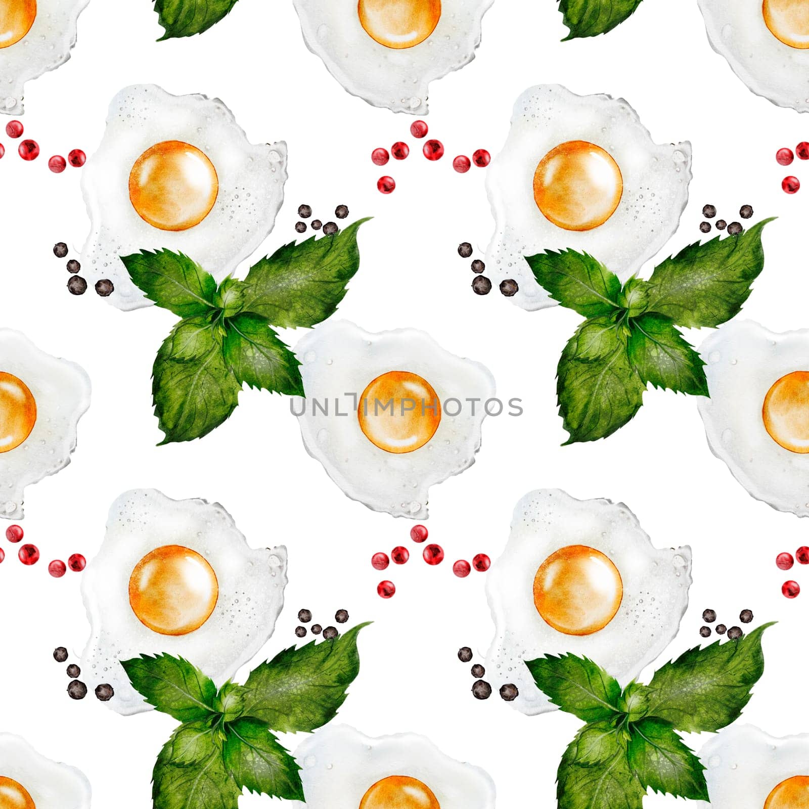 Watercolor seamless pattern with fried eggs. Hand drawn on white background. Ideal for restaurant menus, food packaging and cookbooks. High quality photo