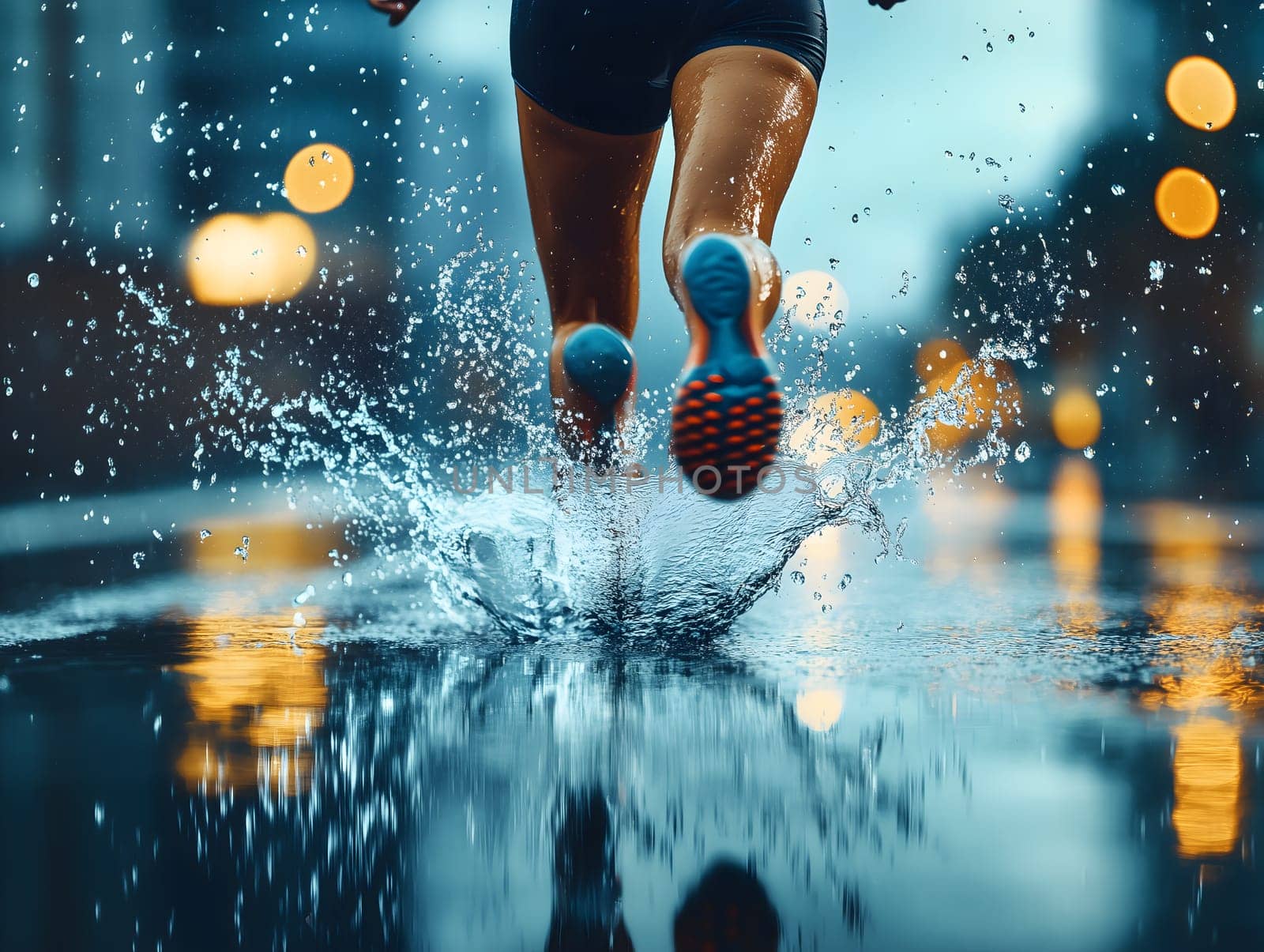AI-generated image of a runner splashing through water on a rainy city street at night. Dynamic action scene with bokeh lights and reflections capturing speed, energy, and determination.