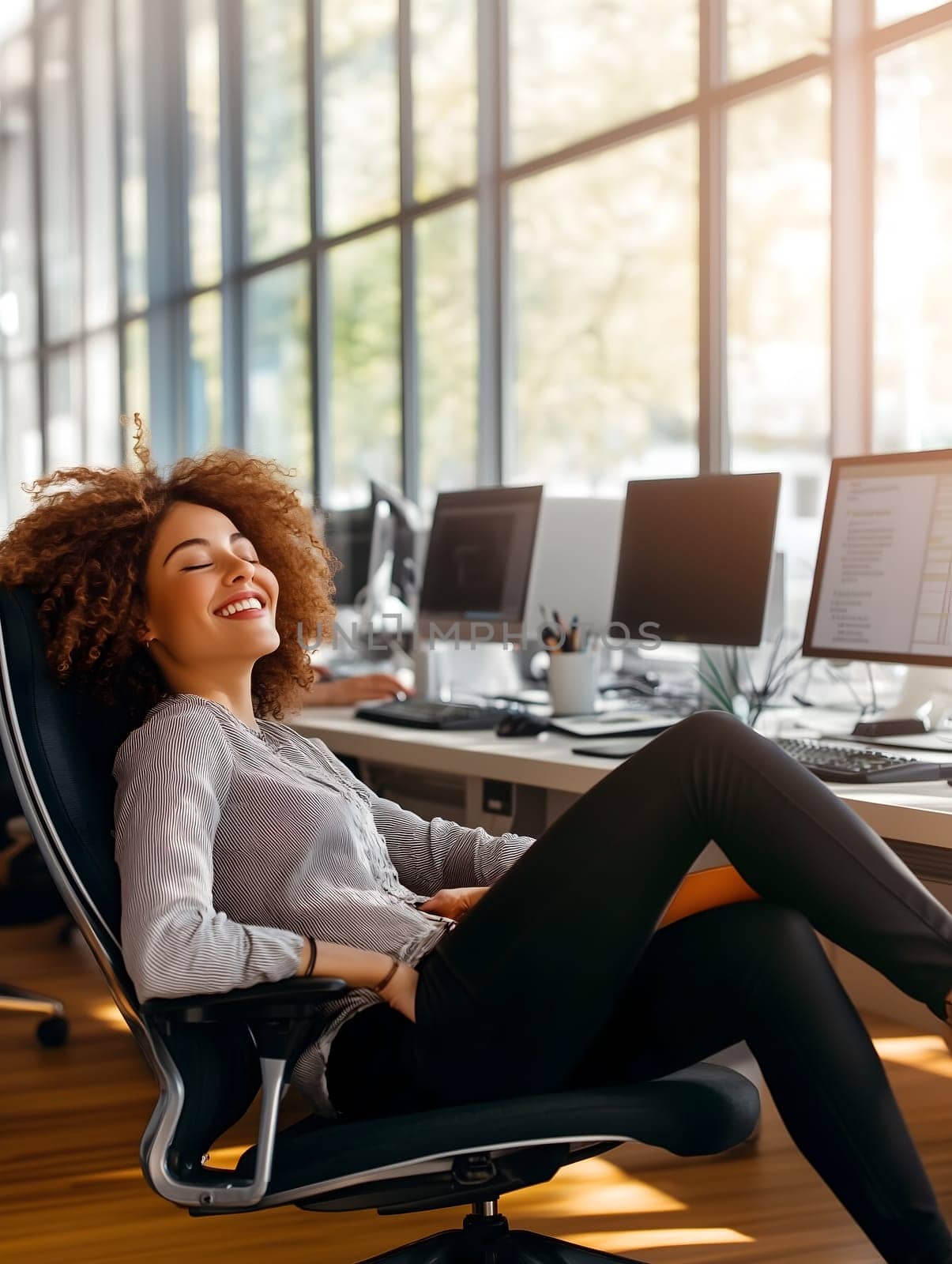 AI-generated vertical image of a smiling woman leaning back in a chair at a modern office with computers. Bright workspace with sunlight, casual posture, and positive atmosphere.