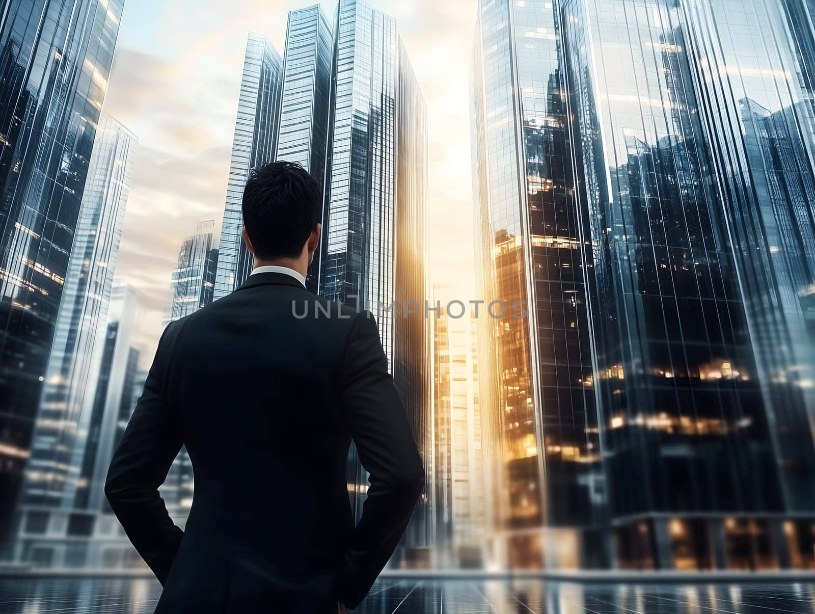 AI-generated image of a businessman in a suit staring at a futuristic skyline filled with glass skyscrapers. Concept of ambition, leadership, opportunity and success in a modern urban setting.