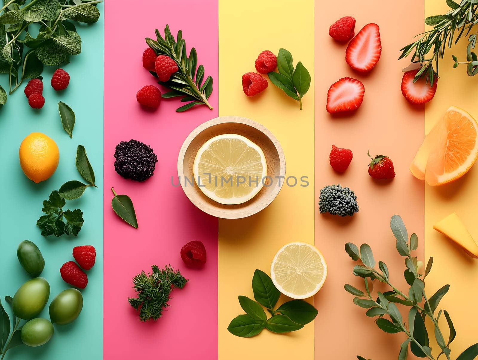 AI-generated flat lay of assorted fruits and herbs arranged on a multicolored striped background. Bright, healthy, and fresh composition ideal for nutrition, nature, and wellness concepts.