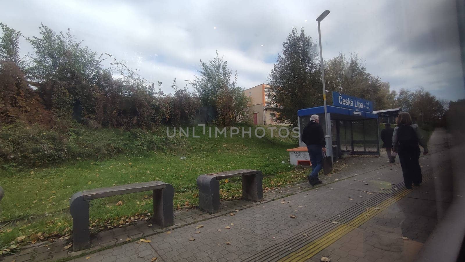 Cesca Lipa Chech Republic Europe October 18 2024 - Bus stop road people travel tourists tourism shotlisttravel city town park summer tree outdoor . High quality photo editorial