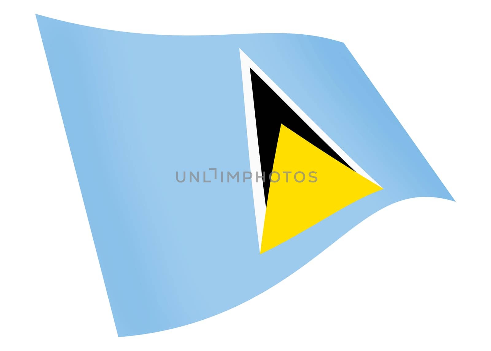 A Saint Lucia waving flag graphic isolated on white with clipping path blue yellow white black triangles