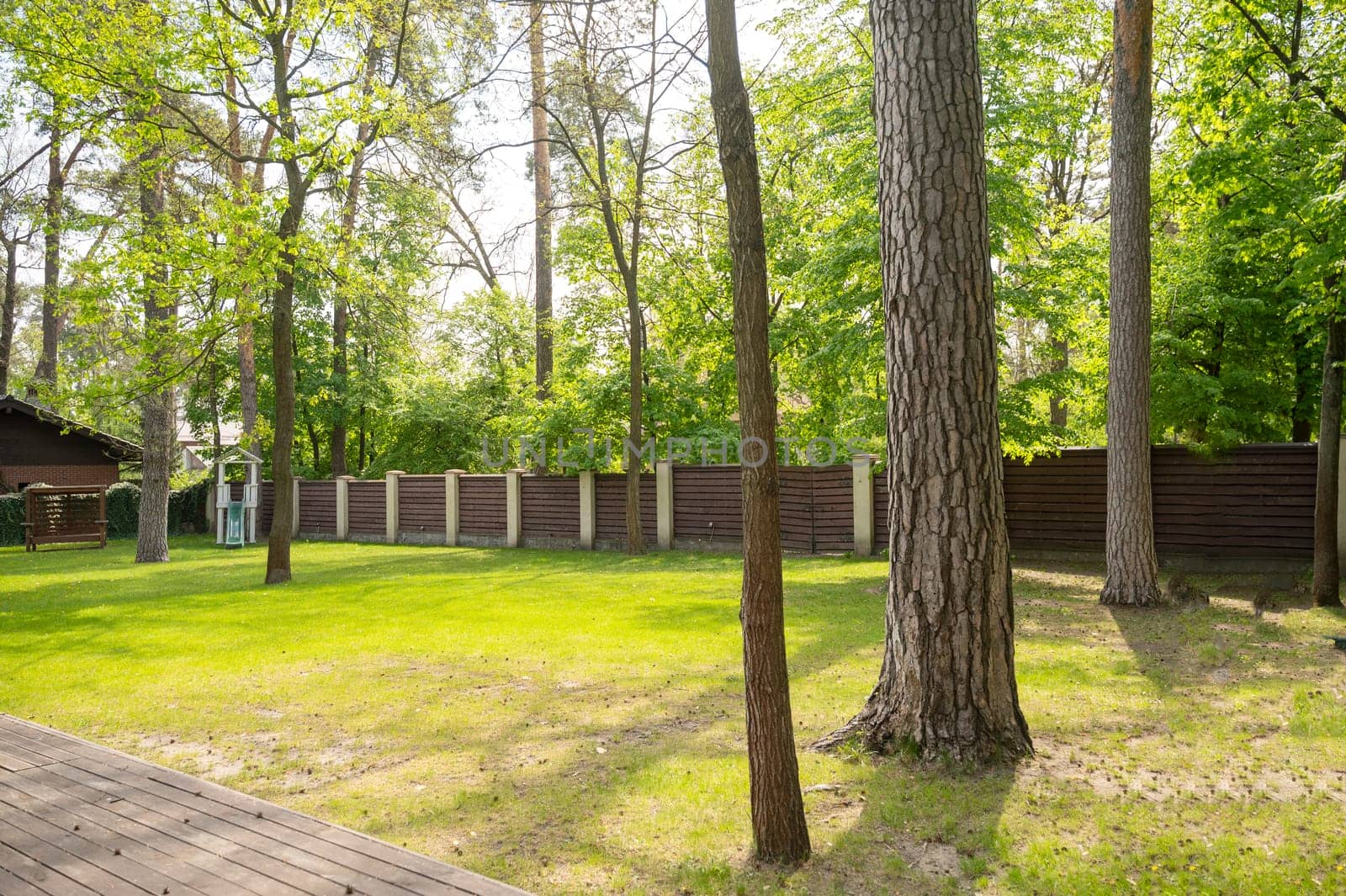 The courtyard has a lawn, large trees and grass. The courtyard is surrounded by a high brown fence.