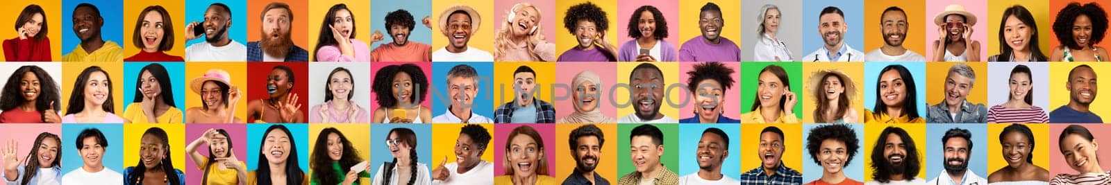 A vibrant collection of diverse individuals showcases a variety of expressions against colorful backgrounds. Each portrait reflects joy and the beauty of diversity in everyday life.