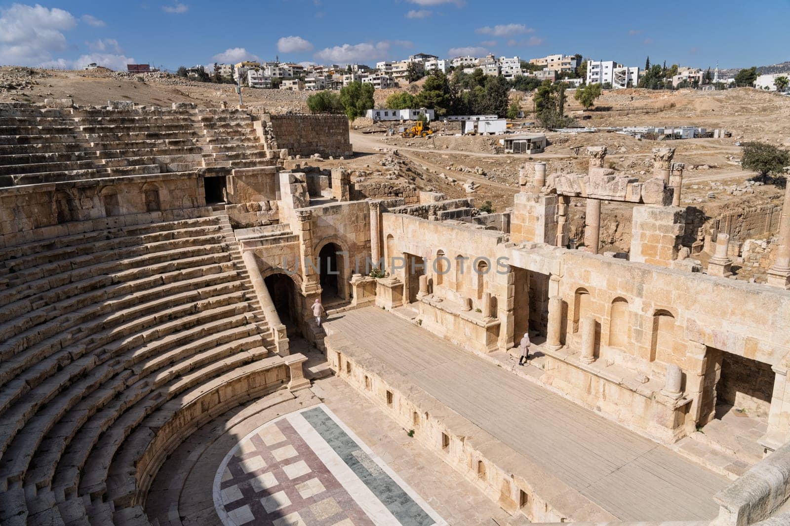 View from the high seats towards the stage of North Theater in Jerash, a Greco-Roman well preserved city in Jordan