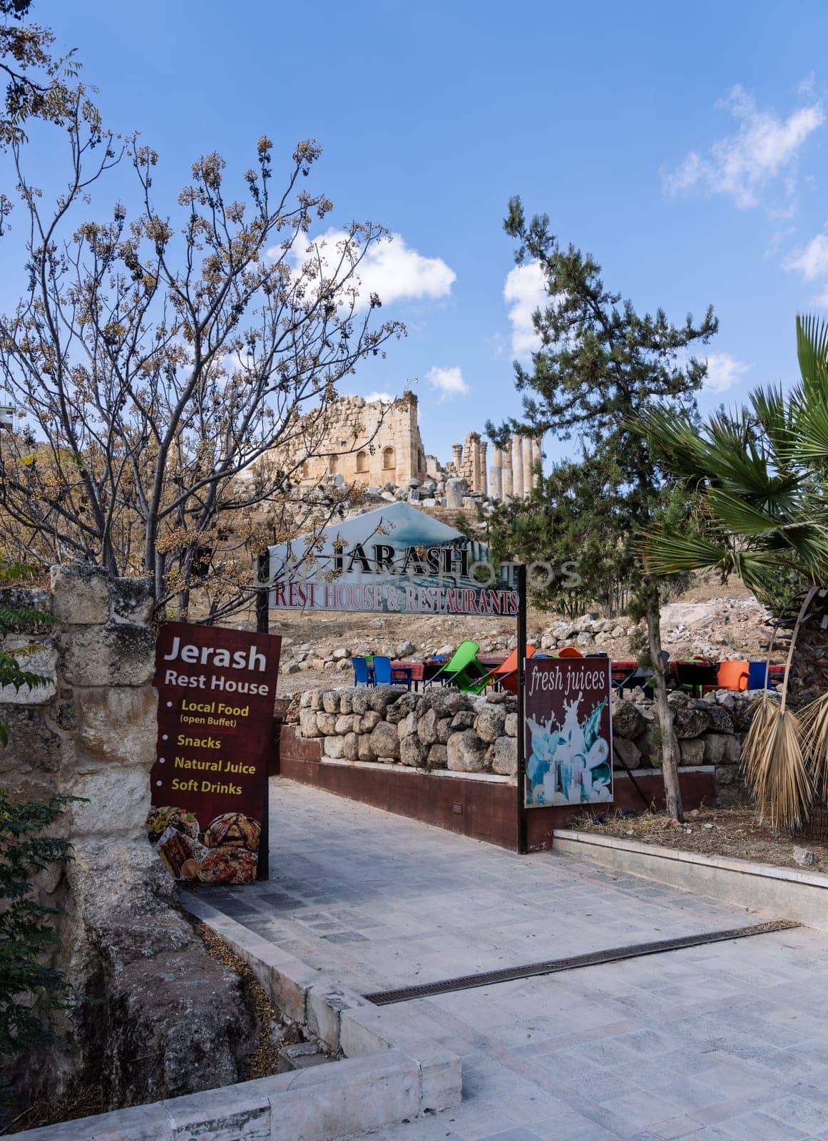Jerash, Jordan - 11 November 2024: Jerash Rest House is restaurant in the grounds of the Greco-Roman city