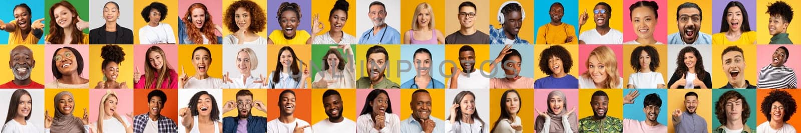A vibrant collection of diverse individuals showcasing various expressions of happiness against bright backgrounds. This set highlights the beauty of multiracial lifestyles in unison.