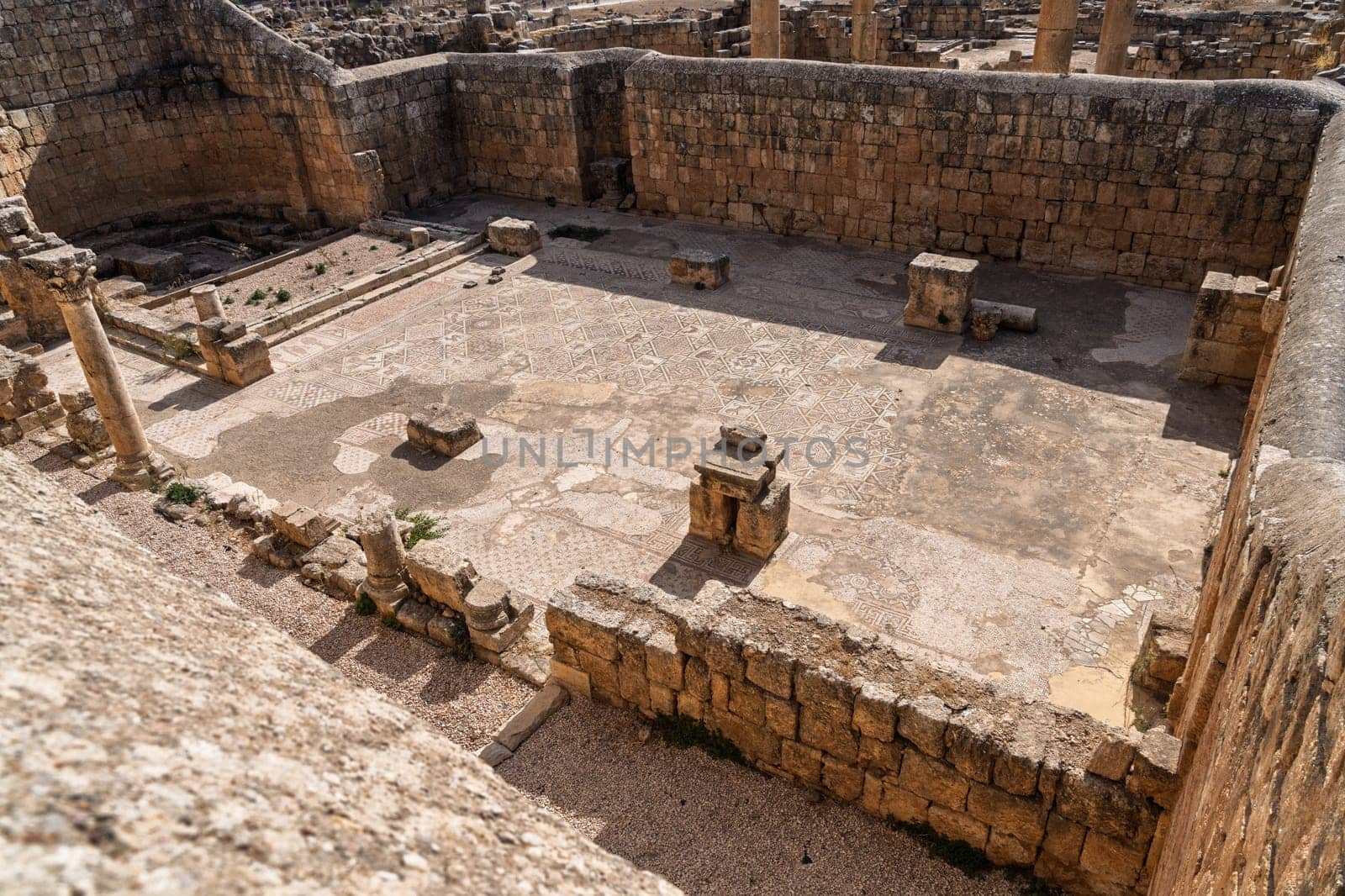 Beautiful mosaic floor in the Church of SS Cosmas and Damian in Jerash, a Greco-Roman well preserved city in Jordan