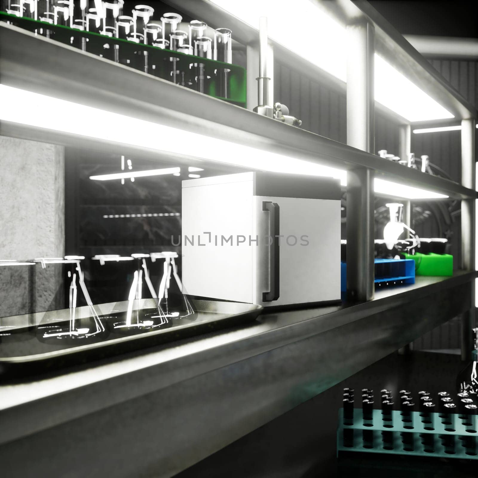 Hospital lab station with sterile vials and glass flasks placed on metallic shelves. Medical equipment used for clinical diagnostics, sample analysis and research workflows, 3D render