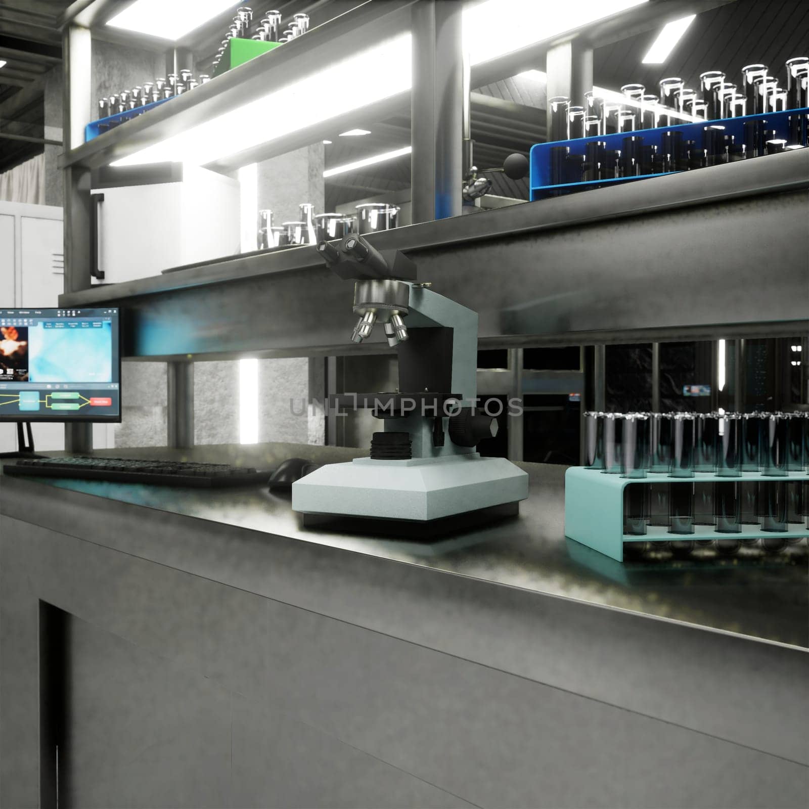 Hospital lab with sterile test tubes and glass vials prepared for sample analysis in clinical setting. Advanced medical environment used for patient testing and research procedures, 3D render