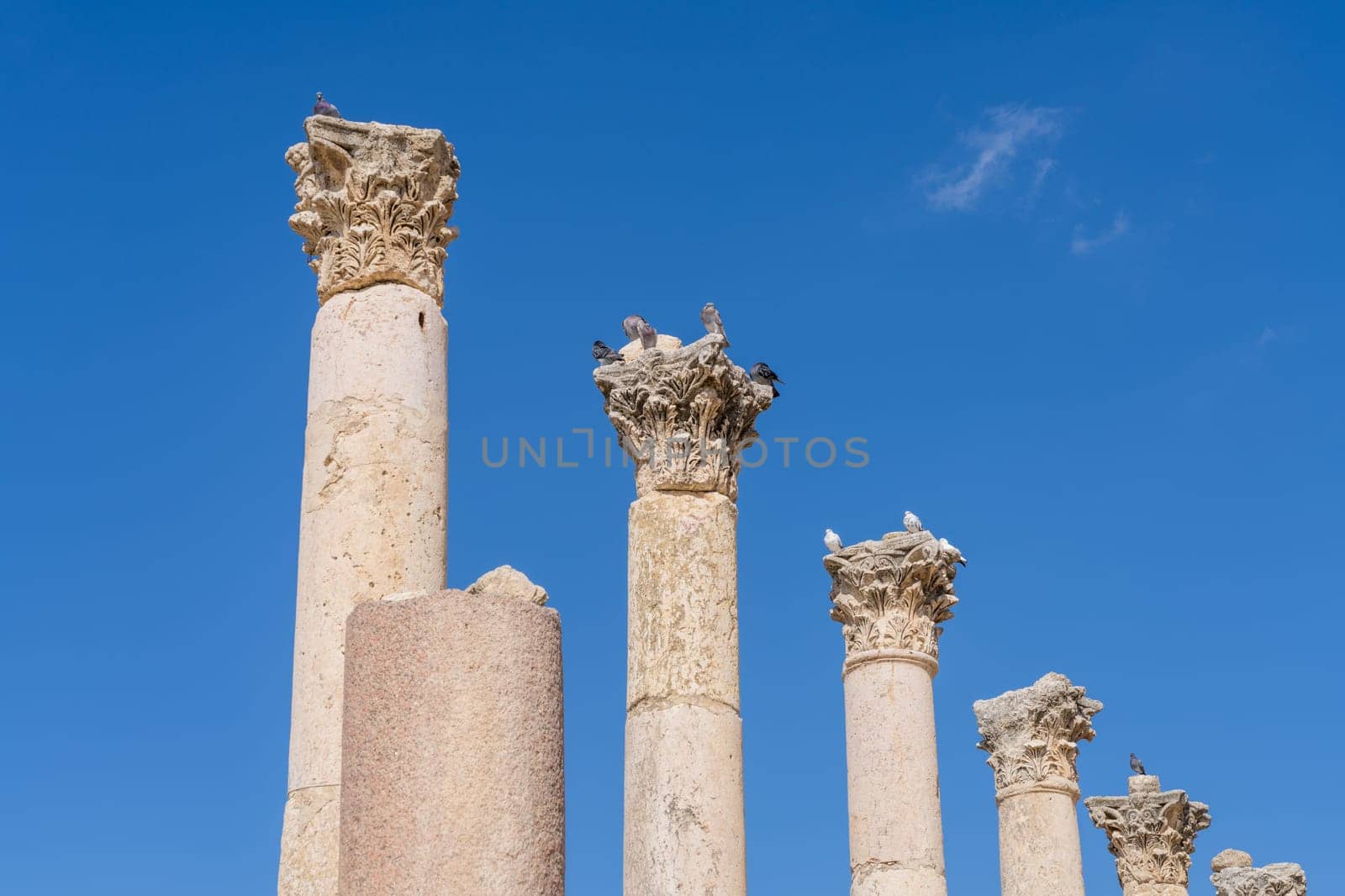 Detail of columns one the Cardo Maximus, the main street to North Gate in Jerash, a Greco-Roman well preserved city in Jordan