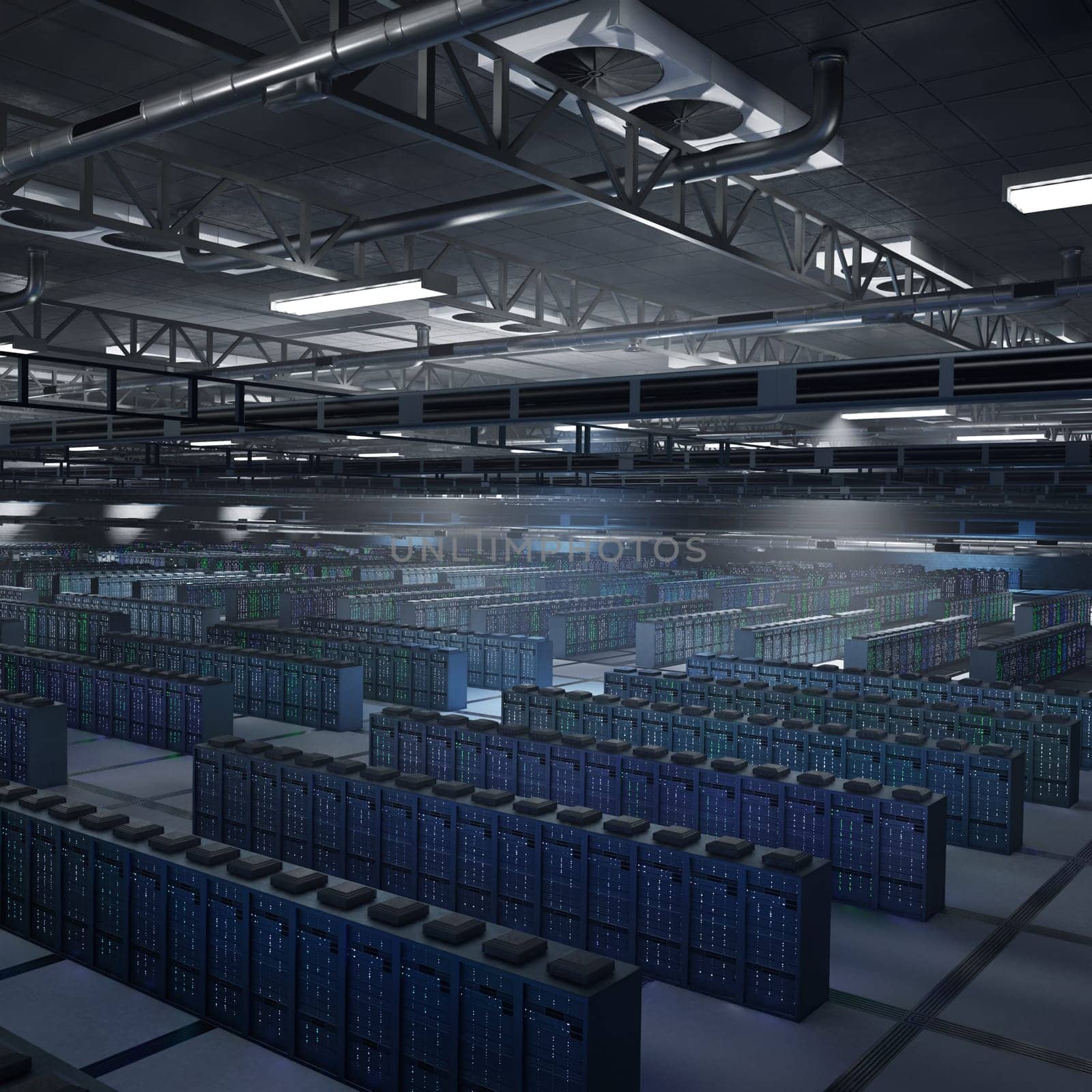 Server hub technology managing data used in cryptocurrency transactions, mining operations and decentralized computing. High performance mainframes powering blockchain systems, 3D render