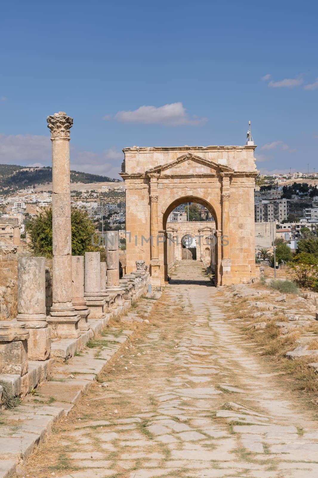 North Tetrapylon at the interection of Cardo Maximus and North Decumanus in Jerash, a Greco-Roman well preserved city in Jordan