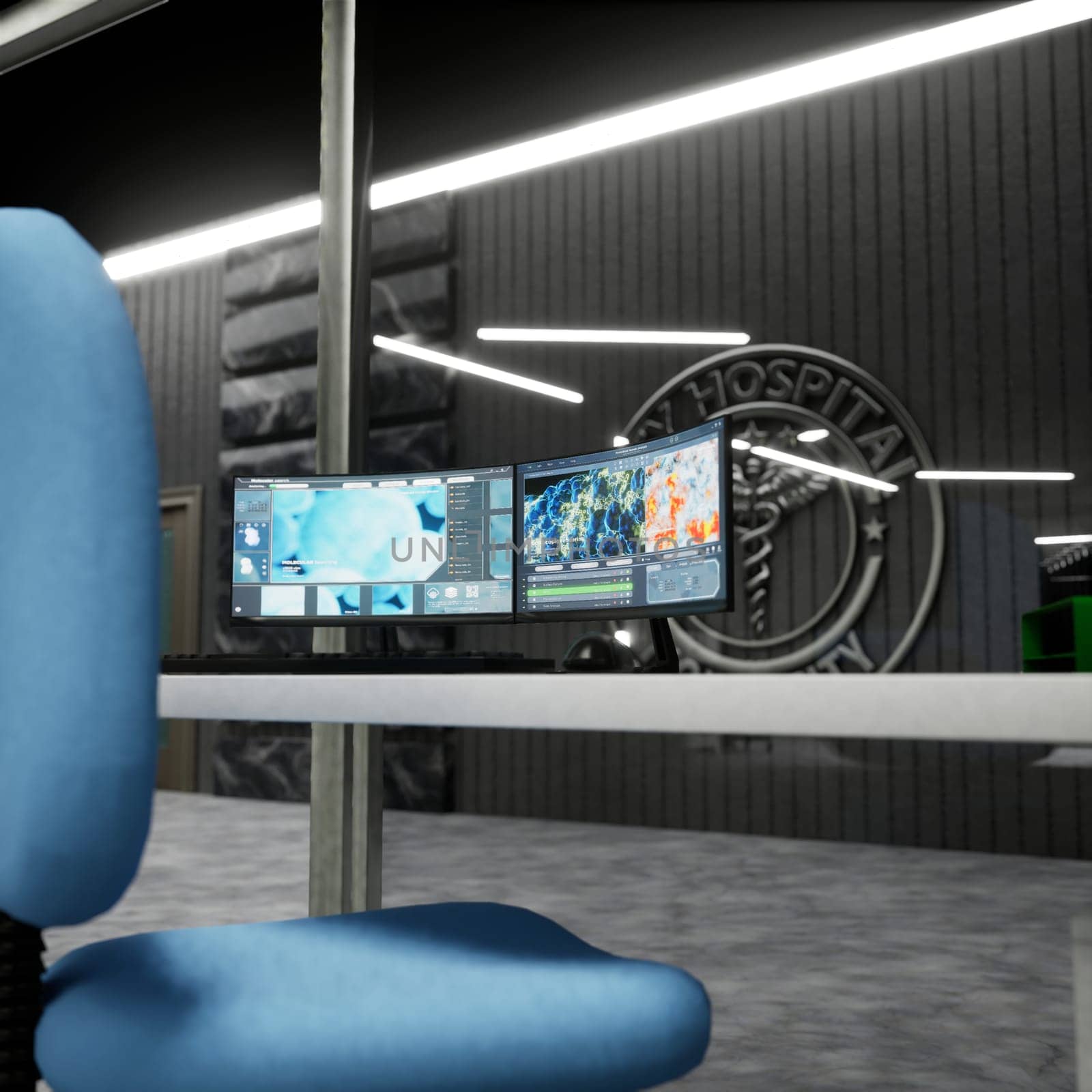 High tech clinical environment with PC displays showing electronic healthcare software. Smart medical lab with digital apps on computer screen designed for diagnostics and imaging analysis, render