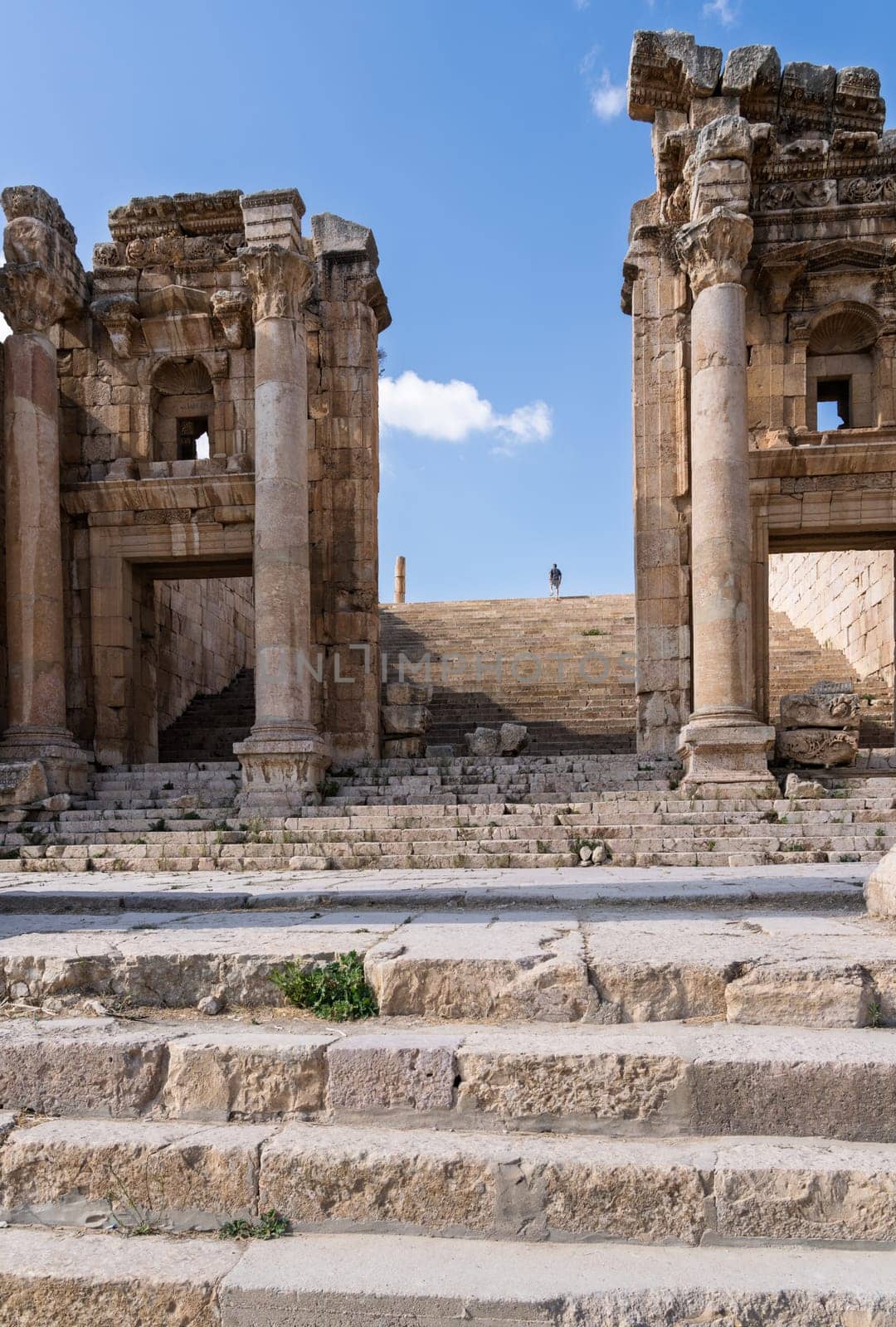 Staircase and altar terrace of Sanctuary of Artemis on Cardo Maximus in Jerash, a Greco-Roman well preserved city in Jordan