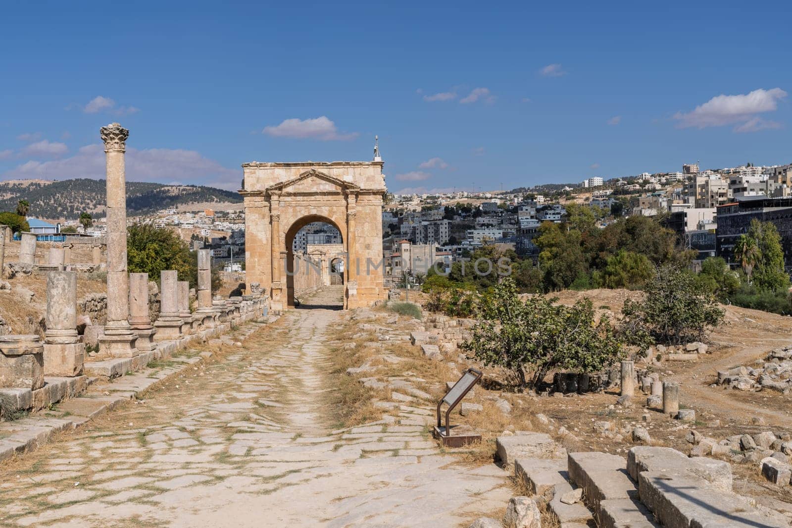 North Tetrapylon at the interection of Cardo Maximus and North Decumanus in Jerash, a Greco-Roman well preserved city in Jordan