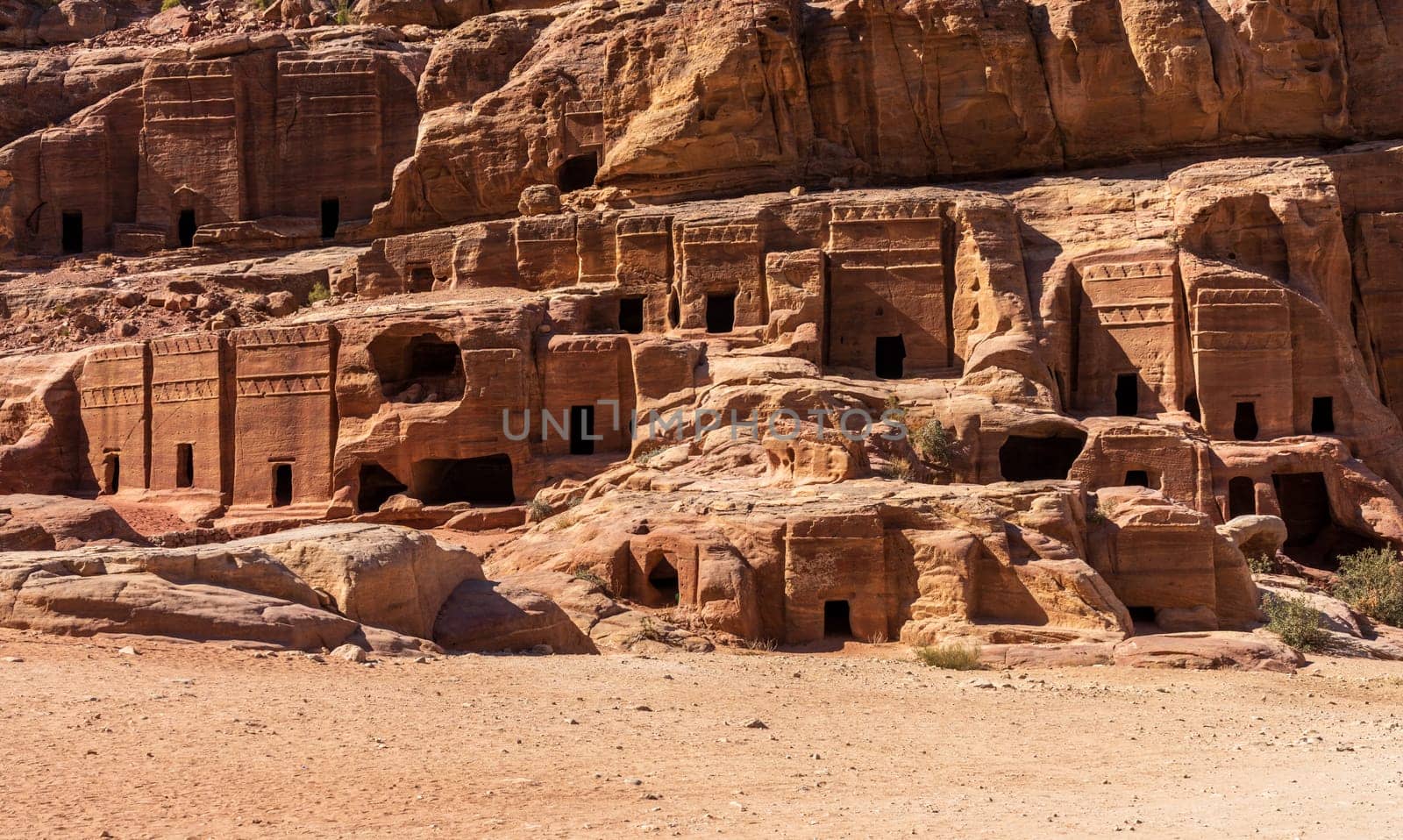 Theater Necropolis in the Street of Facades in Petra with double Pylon tombs carved in the hillside