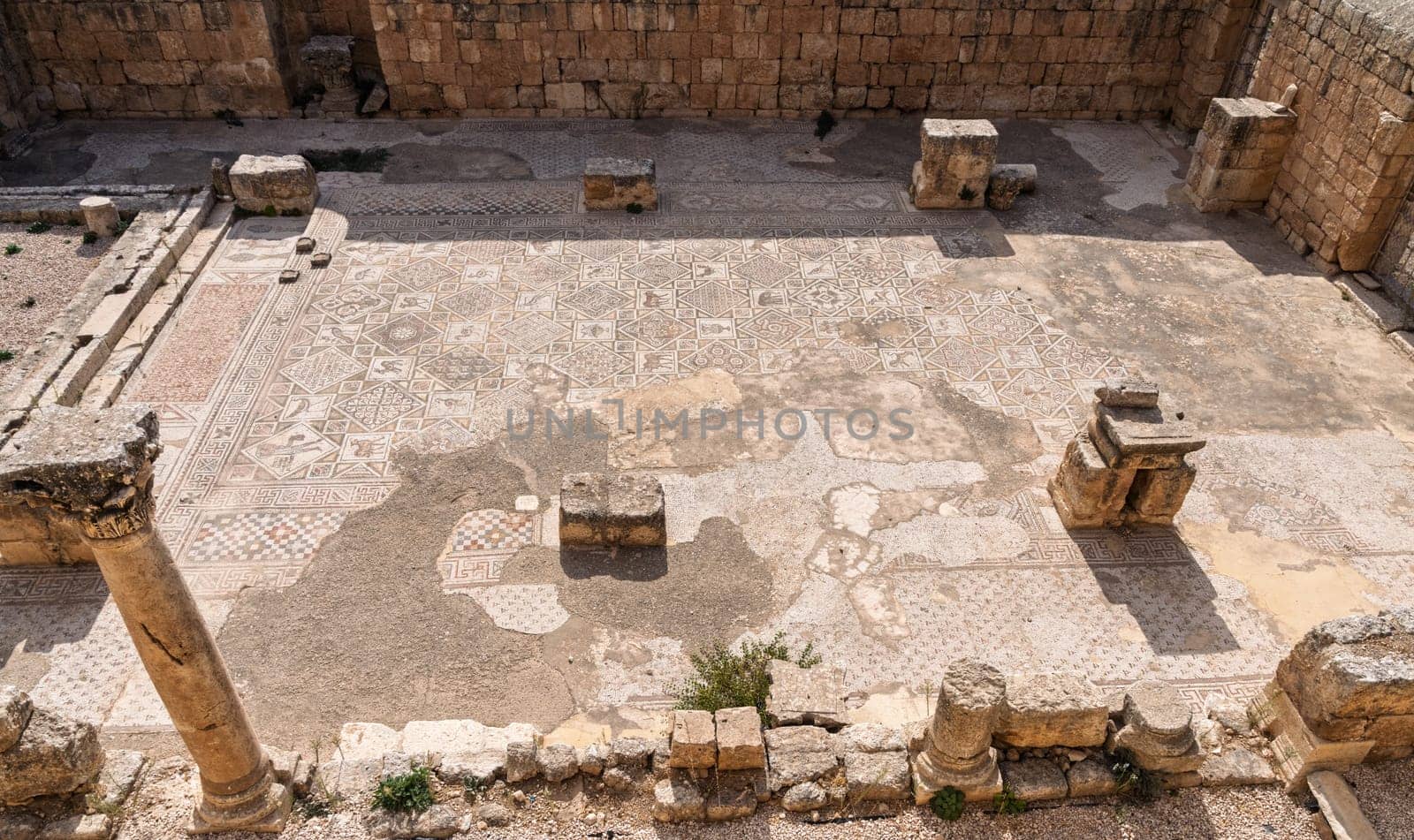 Beautiful mosaic floor in the Church of SS Cosmas and Damian in Jerash, a Greco-Roman well preserved city in Jordan