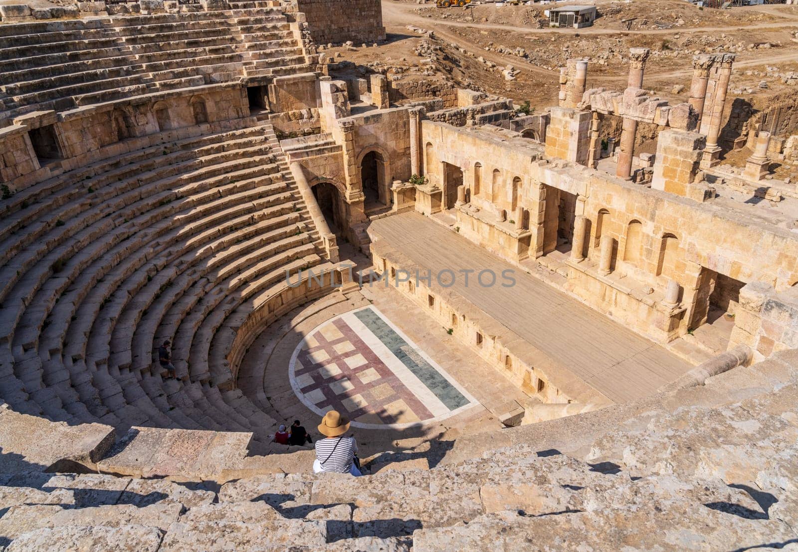View from the high seats towards the stage of North Theater in Jerash, a Greco-Roman well preserved city in Jordan