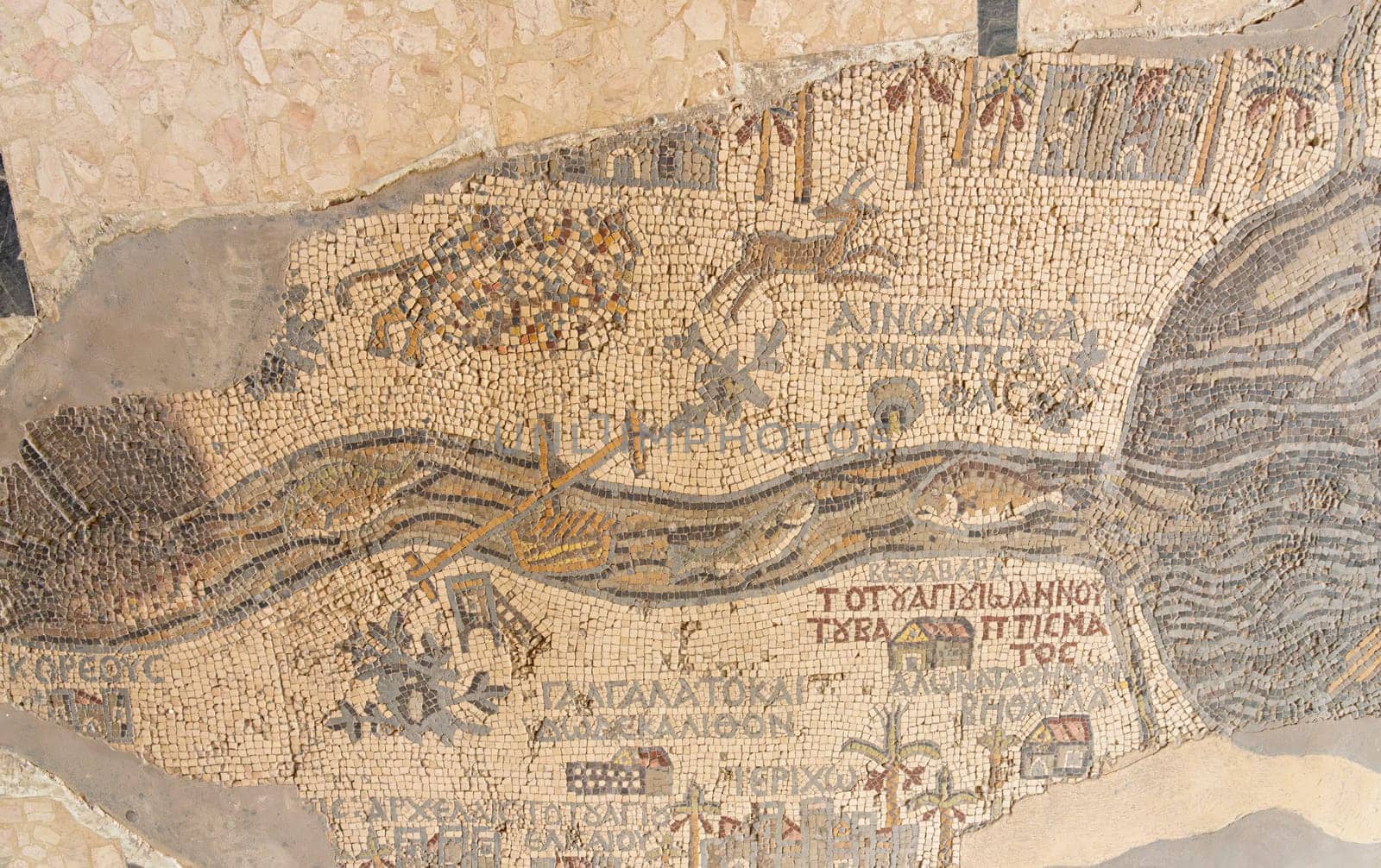 Madaba Mosaic map on floor of Saint George byzantine church is 5th Century cartographic map of Holy Land