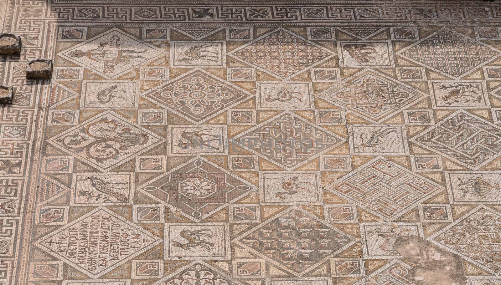 Beautiful mosaic floor in the Church of SS Cosmas and Damian in Jerash, a Greco-Roman well preserved city in Jordan
