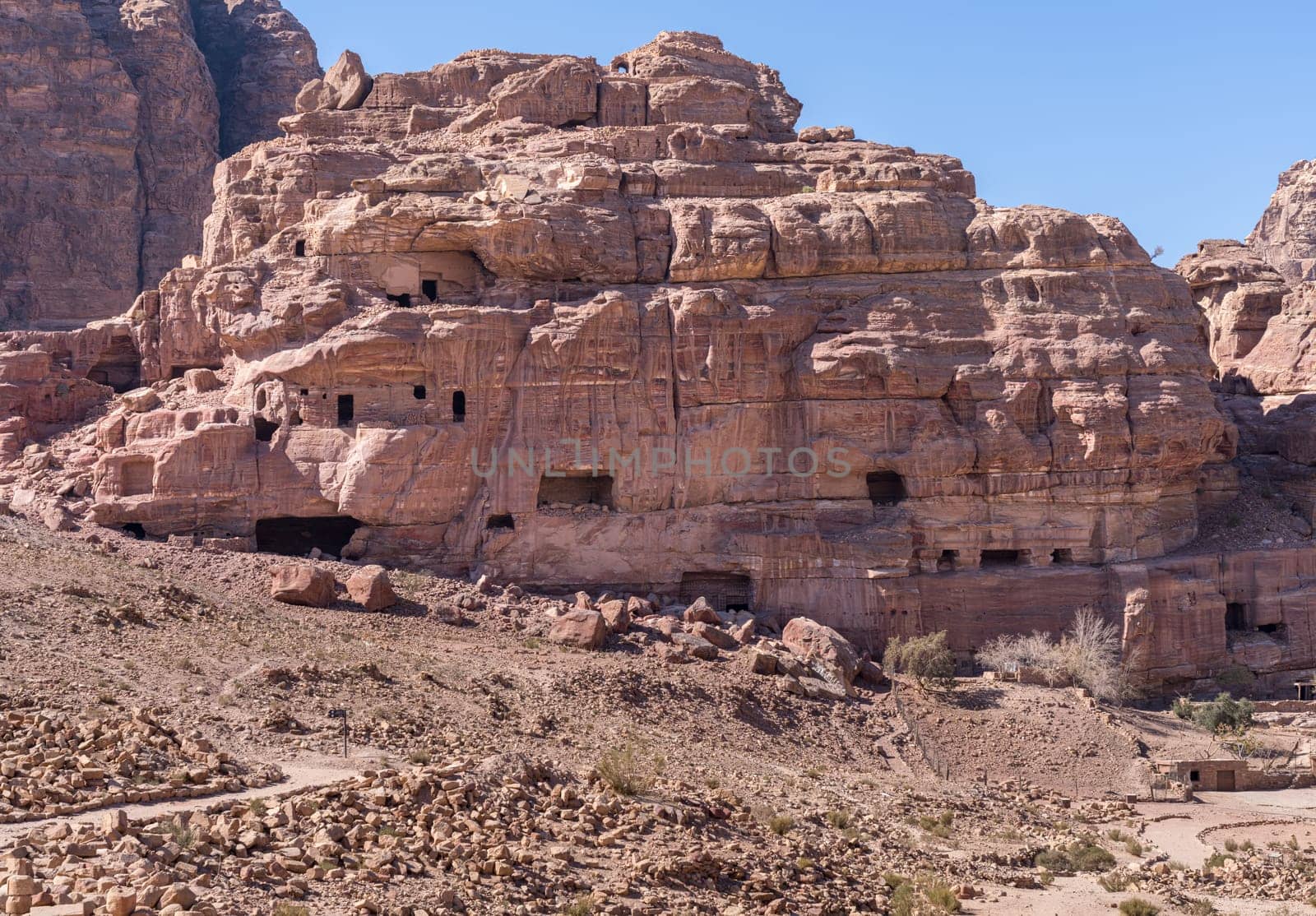 Unusual geology of a tomb in the wall near the Main Temple of Petra in Jordan
