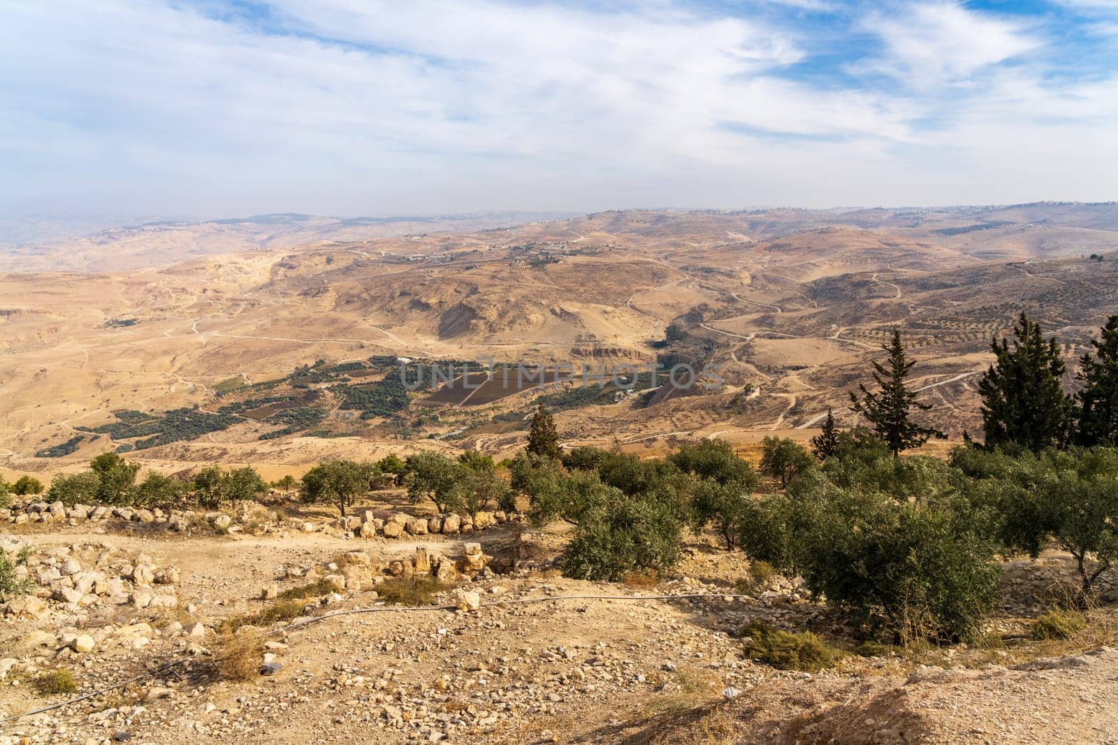 Arid landscape in Jordan seen from the summit of Mount Nebo