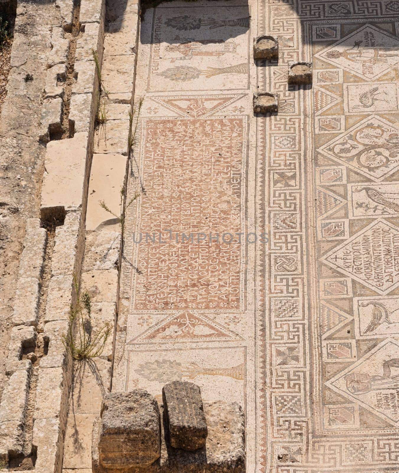 Beautiful mosaic floor in the Church of SS Cosmas and Damian in Jerash, a Greco-Roman well preserved city in Jordan